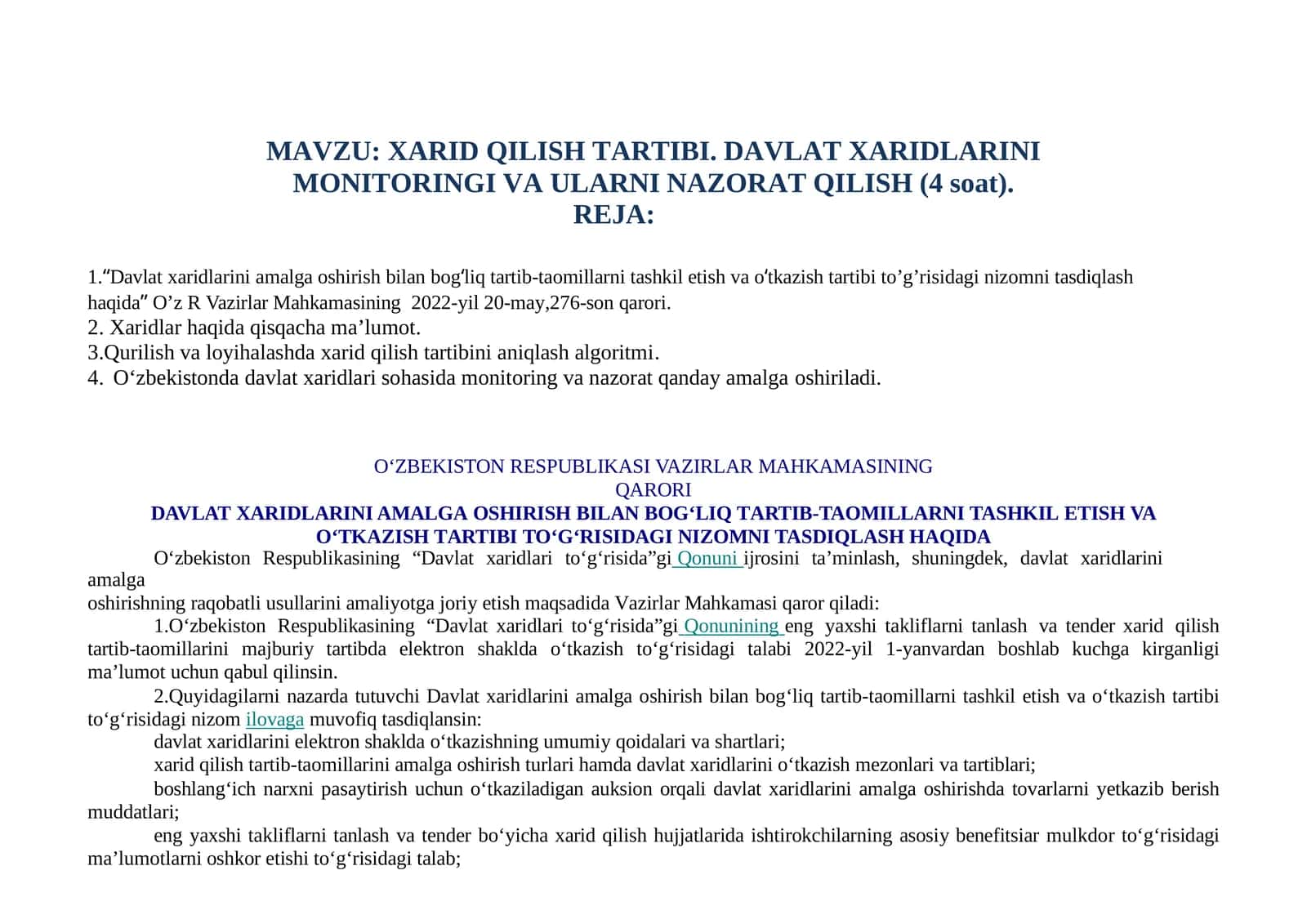 XARIDQILISHTARTIBI.DAVLATXARIDLARINIMONITORINGIVAULARNINAZORATQILISH(4soat)