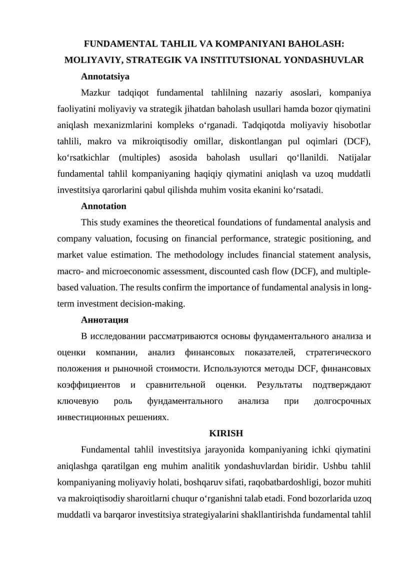 FUNDAMENTAL TAHLIL VA KOMPANIYANI BAHOLASH: MOLIYAVIY, STRATEGIK VA INSTITUTSIONAL YONDASHUVLAR
