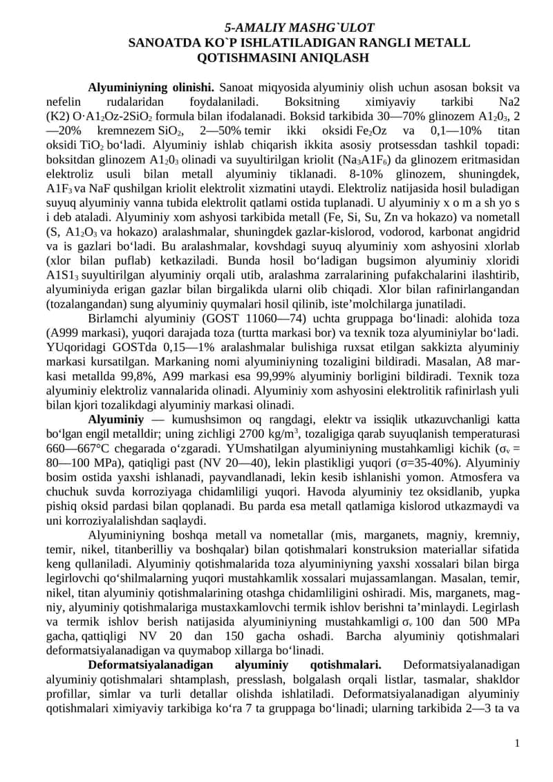SANOATDA KO`P ISHLATILADIGAN RANGLI METALL QOTISHMASINI ANIQLASH