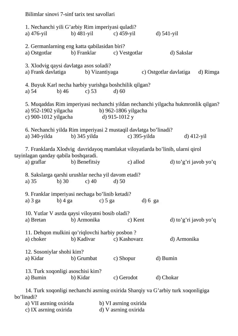 Bilimlar sinovi 7-sinf tarix test savollari