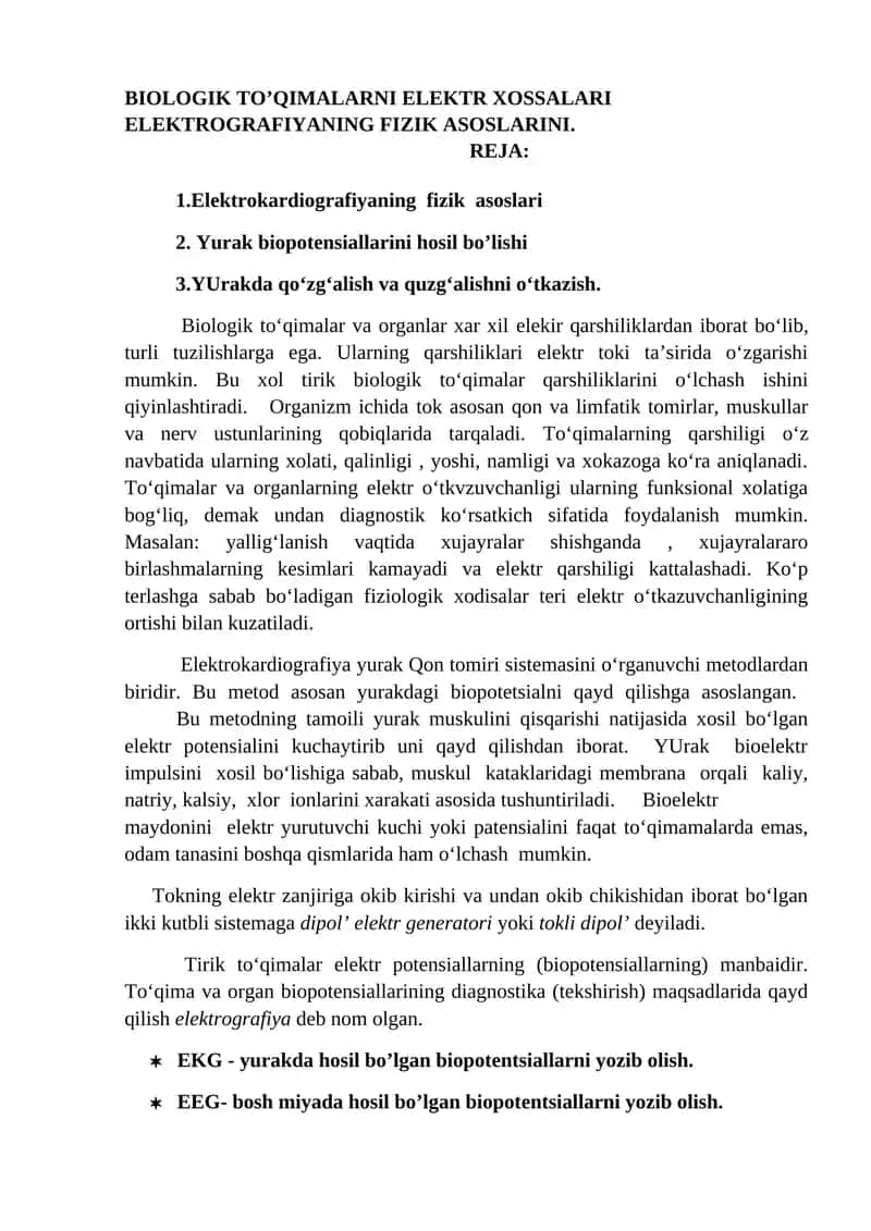Biologik To'qimalarni Elektr Xossalari Elektrografiyaning Fizik Asoslari