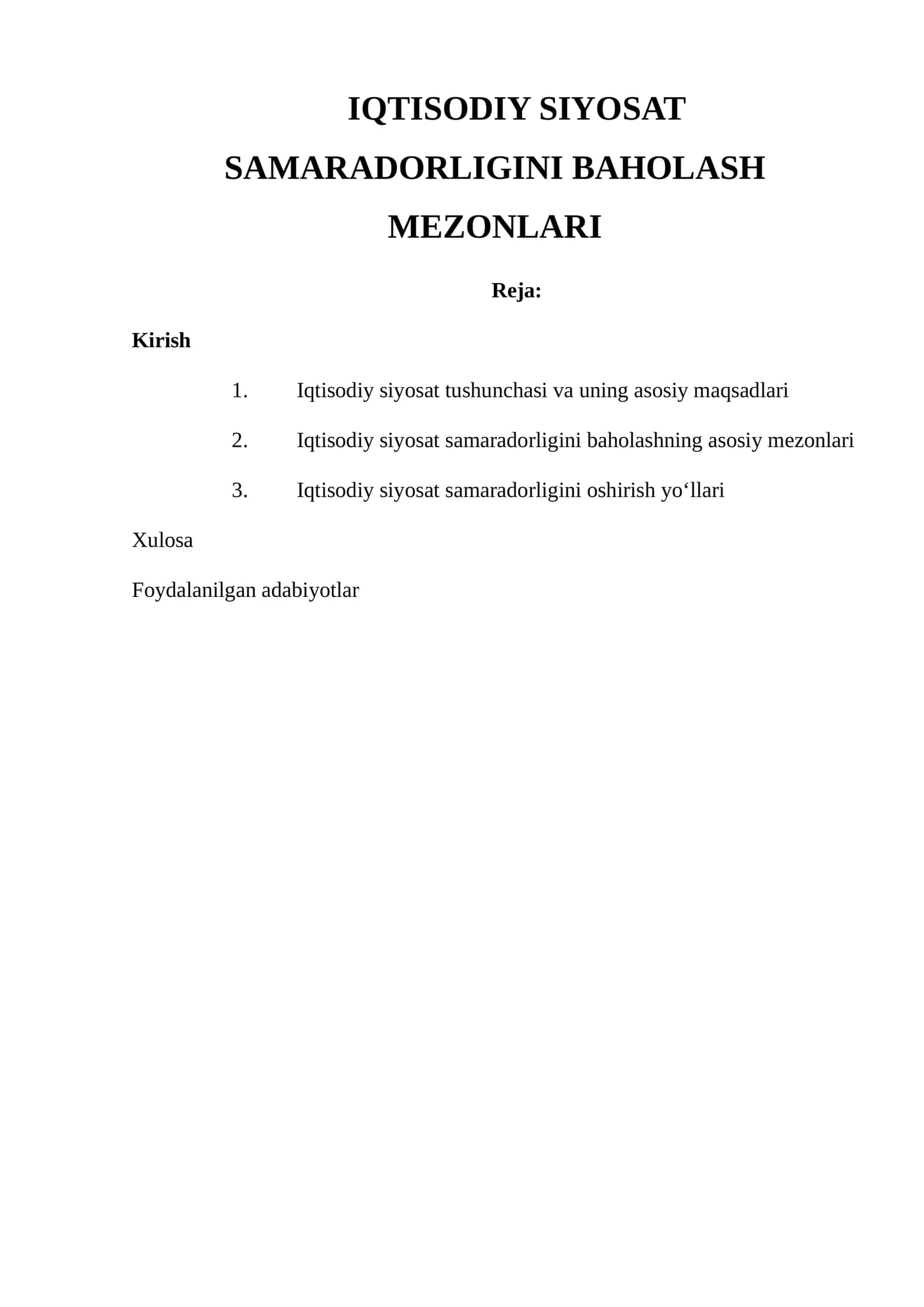 IQTISODIY SIYOSAT SAMARADORLIGINI BAHOLASH MEZONLARI
