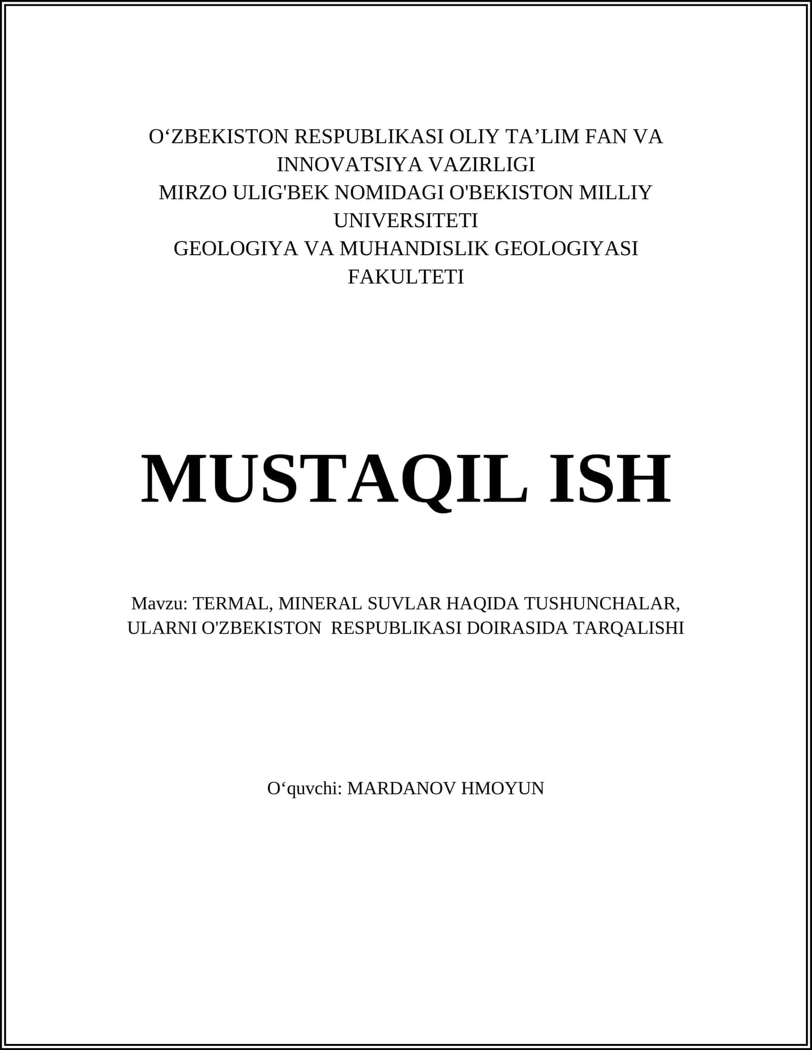 TERMAL, MINERAL SUVLAR HAQIDA TUSHUNCHALAR, ULARNI O'ZBEKISTON RESPUBLIKASI DOIRASIDA TARQALISHI