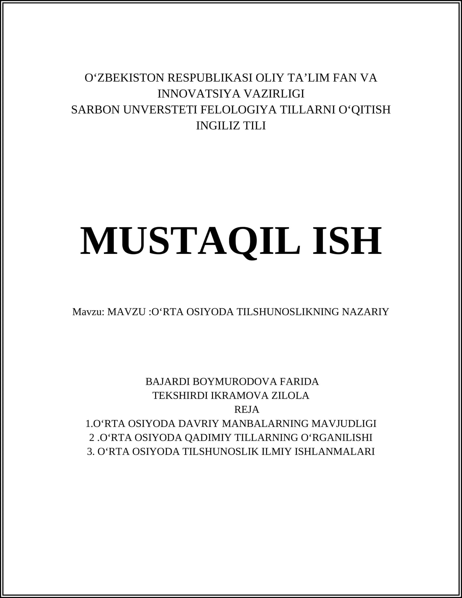 O'RTA OSIYODA TILSHUNOSLIKNING NAZARIY