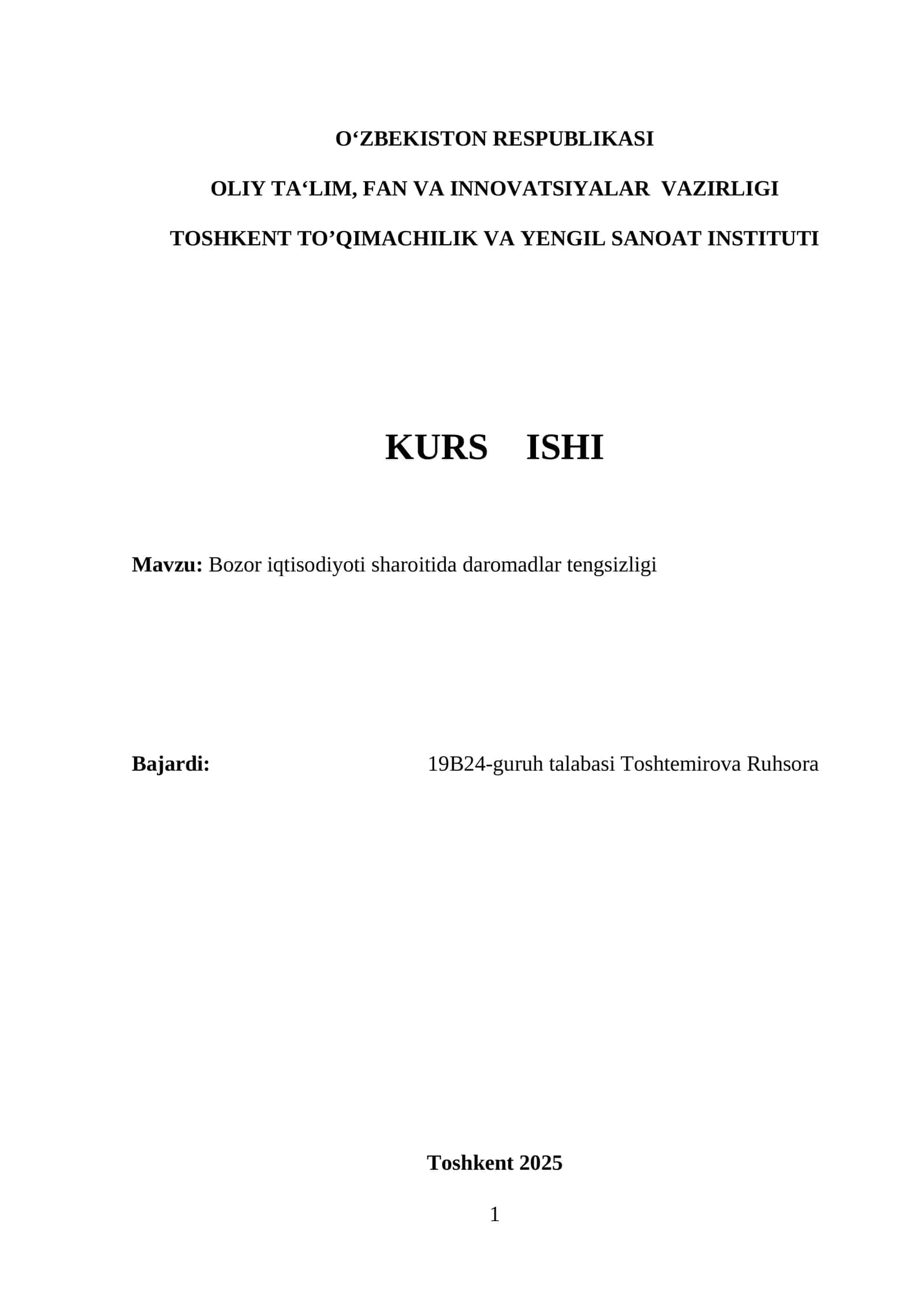 Bozor iqtisodiyoti sharoitida daromadlar tengsizligi