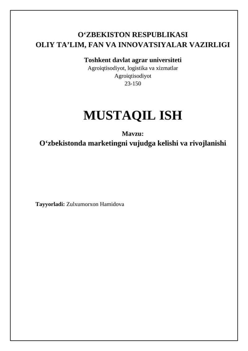 Oʻzbekistonda marketingni vujudga kelishi va rivojlanishi