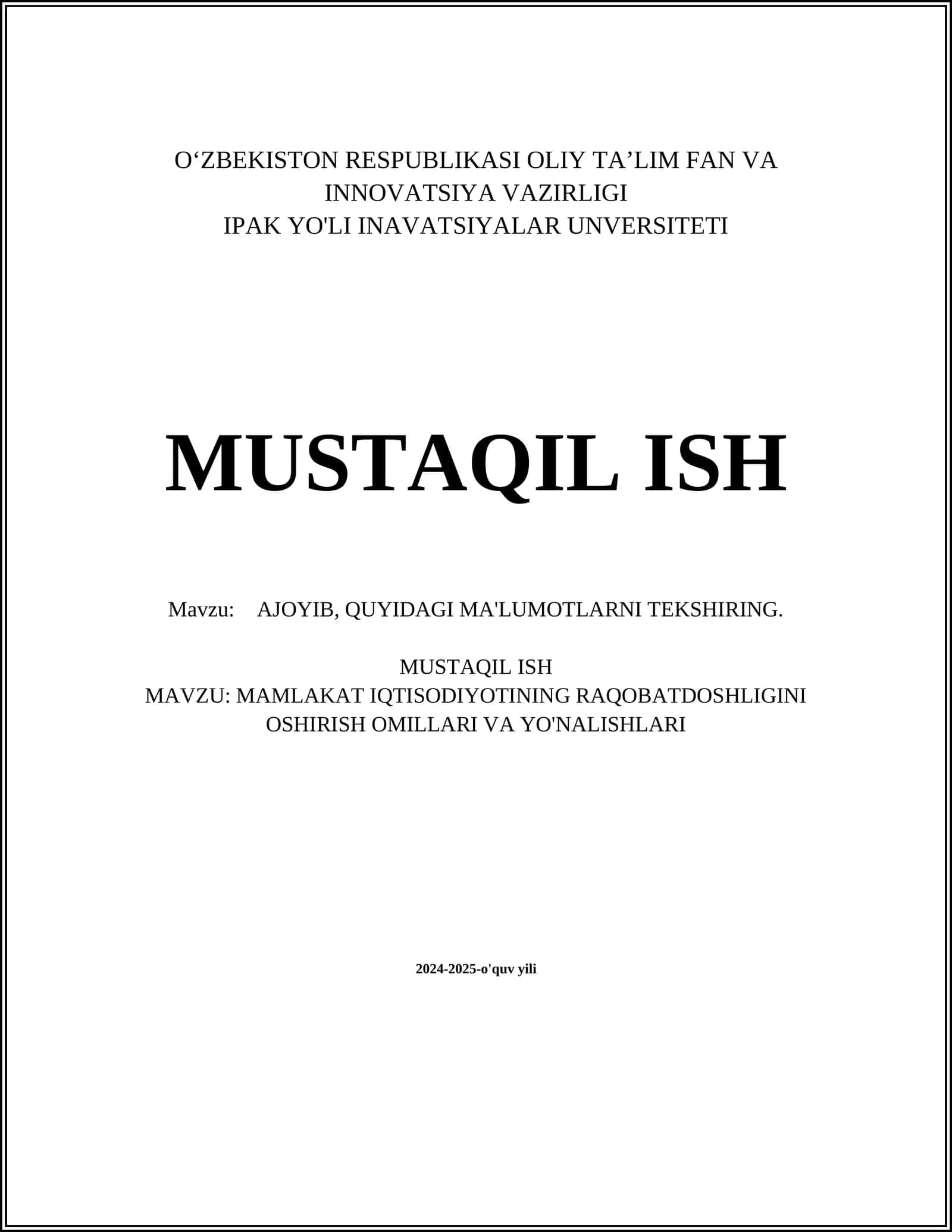 MAMLAKAT IQTISODIYOTINING RAQOBATDOSHLIGINI OSHIRISH OMILLARI VA YO'NALISHLARI