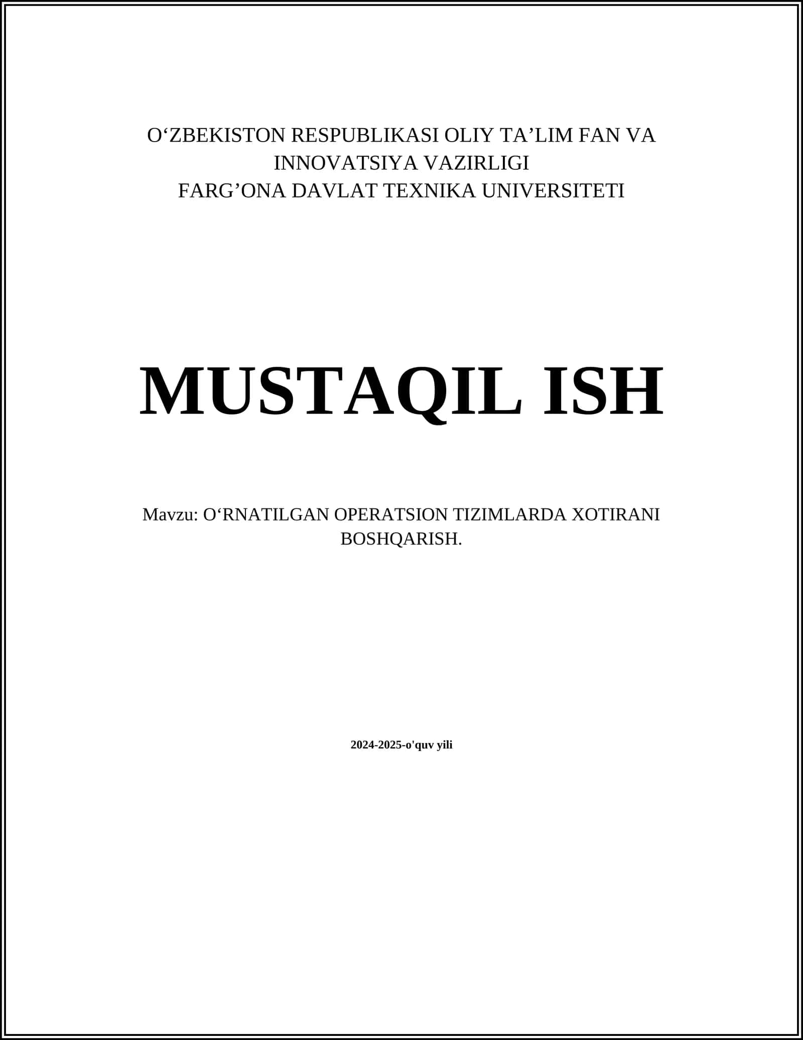 O‘RNATILGAN OPERATSION TIZIMLARDA XOTIRANI BOSHQARISH