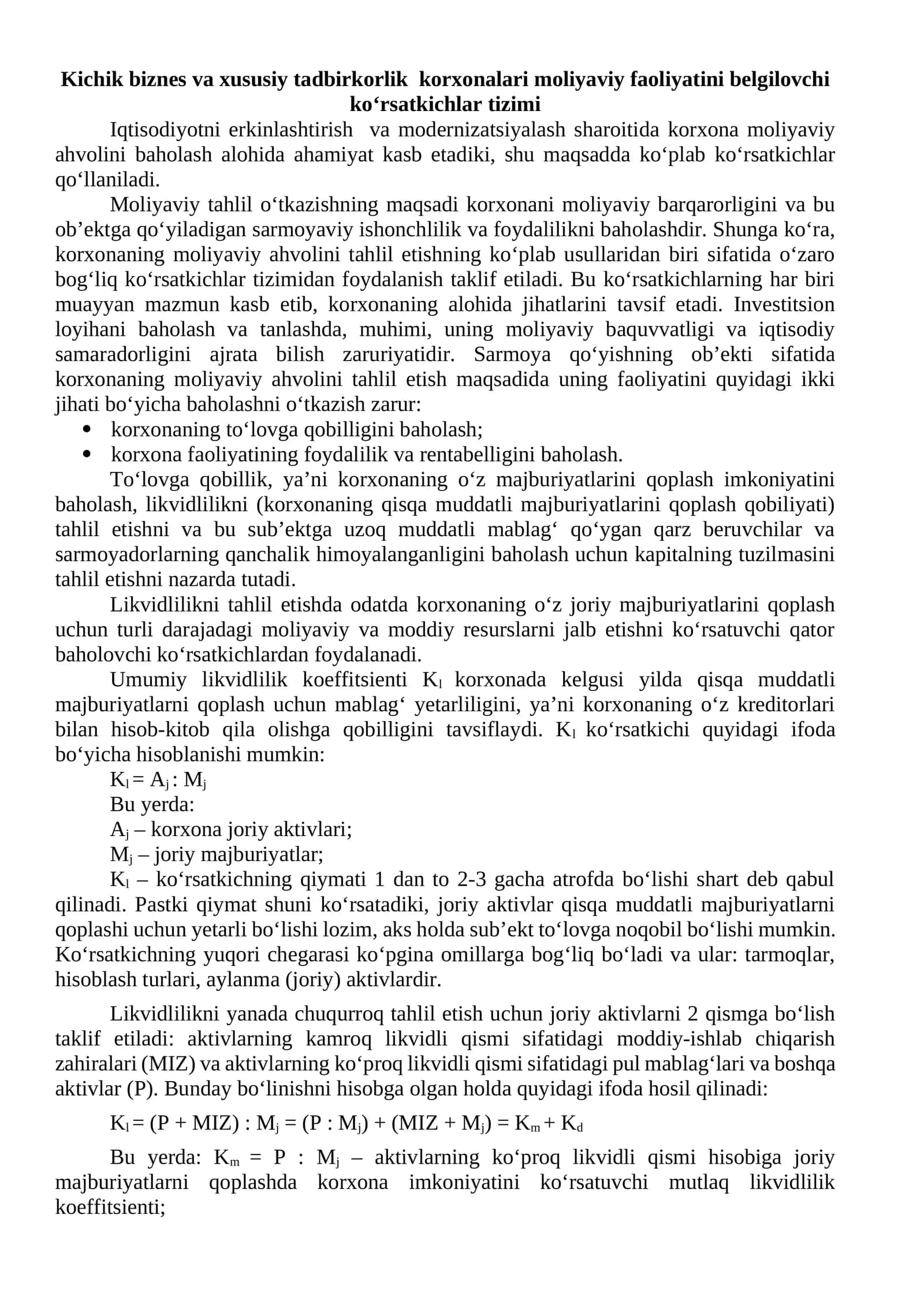 Kichik biznes va xususiy tadbirkorlik korxonalari moliyaviy faoliyatini belgilovchi ko‘rsatkichlar tizimi