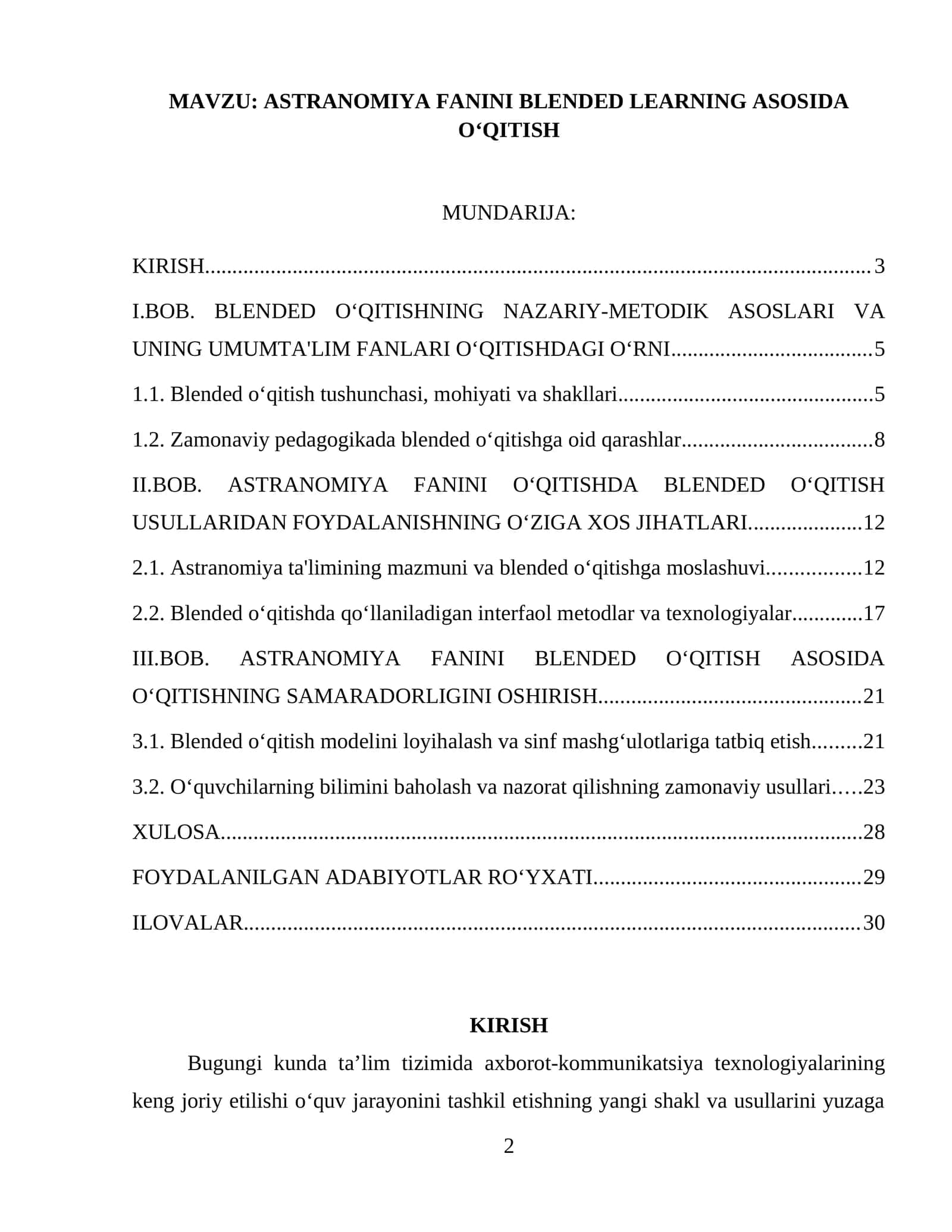 ASTRANOMIYA FANINI BLENDED LEARNING ASOSIDA O‘QITISH