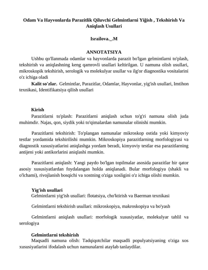 Odam Va Hayvonlarda Parazitlik Qiluvchi Gelmintlarni Yiğish, Tekshirish Va Aniqlash Usullari