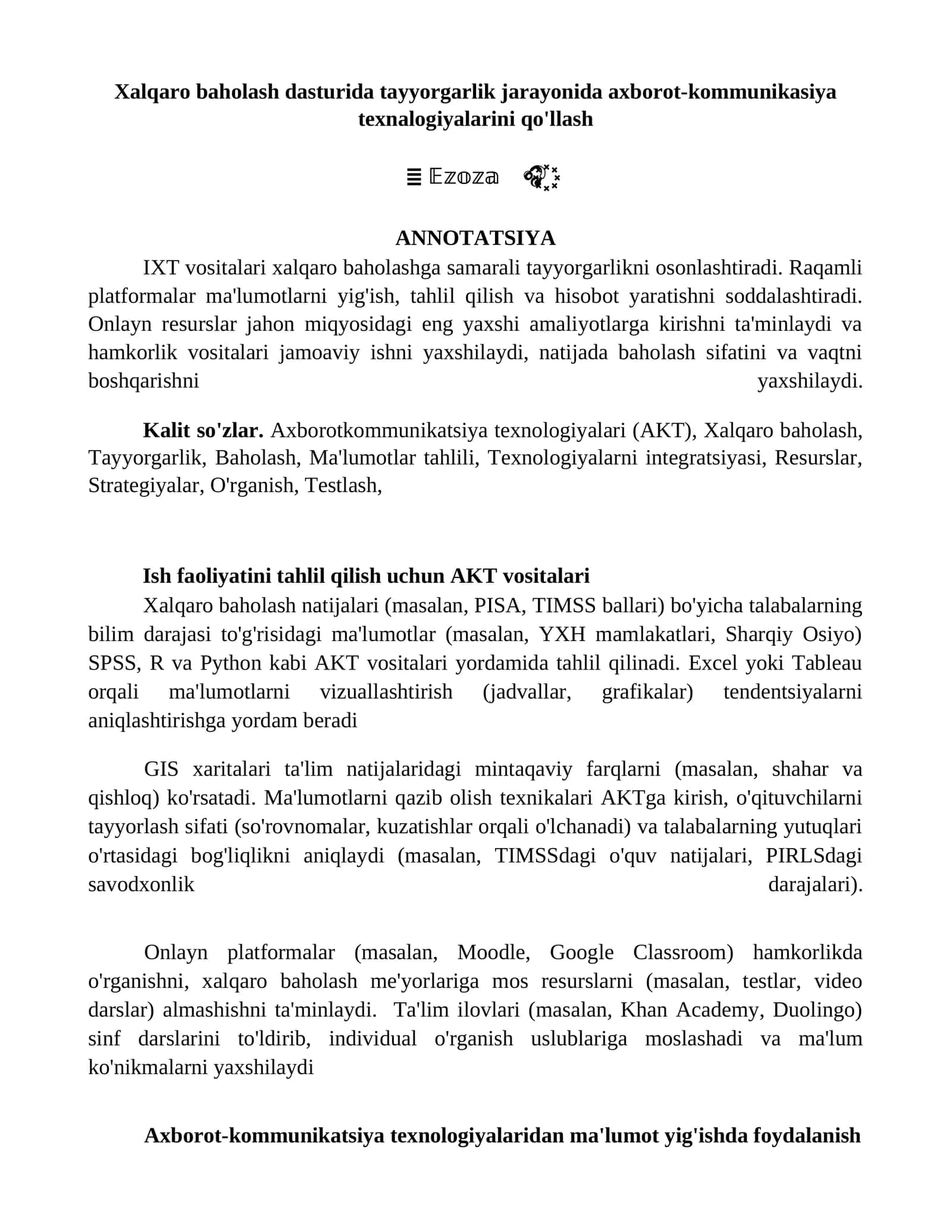 Xalqaro baholash dasturida tayyorgarlik jarayonida axborot-kommunikasiya texnalogiyalarini qo'llash