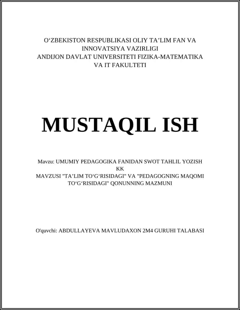UMUMIY PEDAGOGIKA FANIDAN SWOT TAHLIL YOZISH