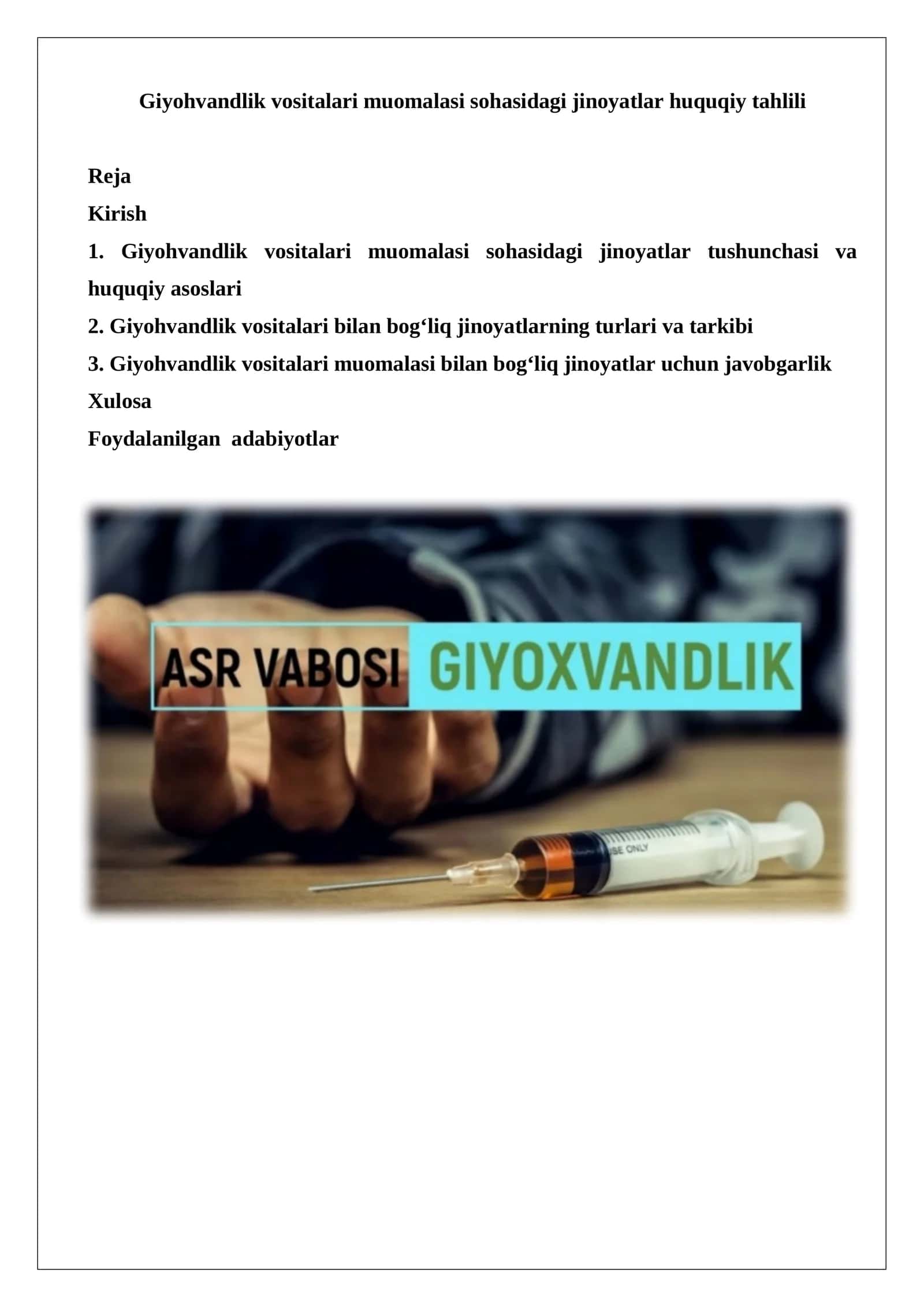 Giyohvandlik vositalari muomalasi sohasidagi jinoyatlar huquqiy tahlili