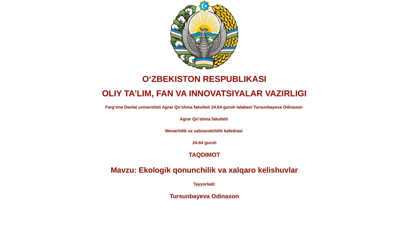 Ekologik qonunchilik va xalqaro kelishuvlar