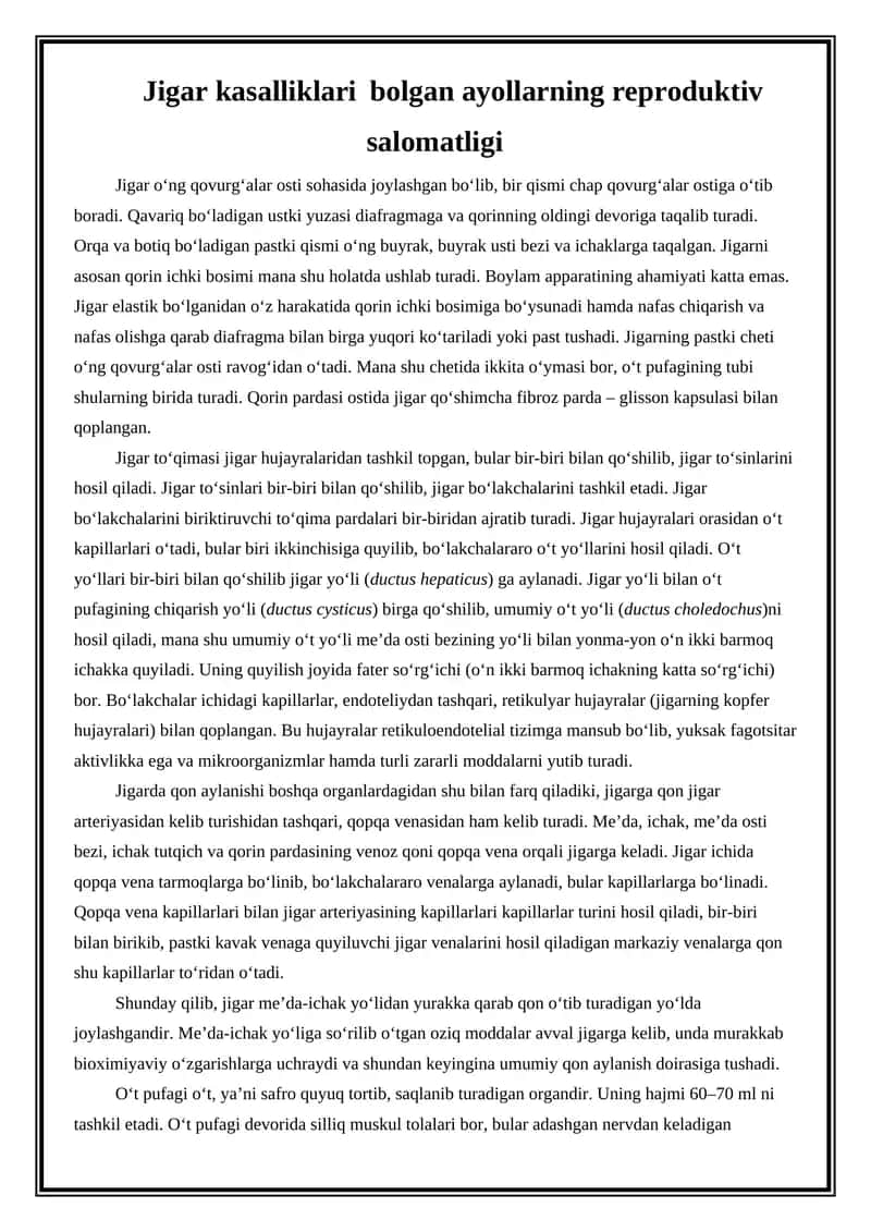 Jigar kasalliklari bolgan ayollarning reproduktiv salomatligi