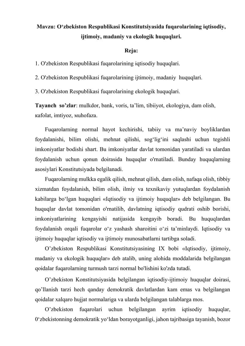 O‘zbekiston Respublikasi Konstitutsiyasida fuqarolarining iqtisodiy, ijtimoiy, madaniy va ekologik huquqlari.