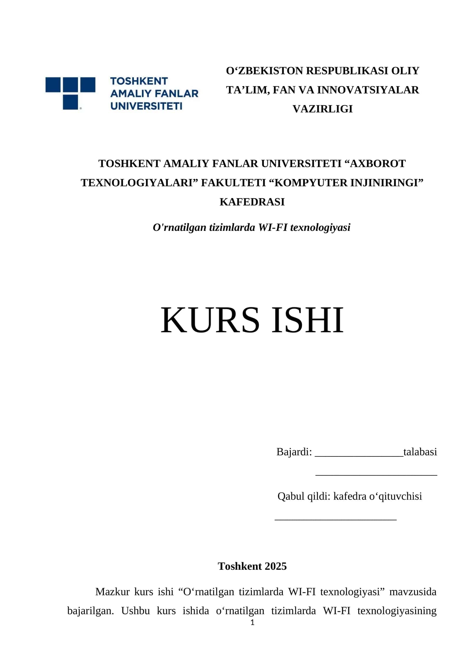 O'rnatilgan tizimlarda WI-FI texnologiyasi