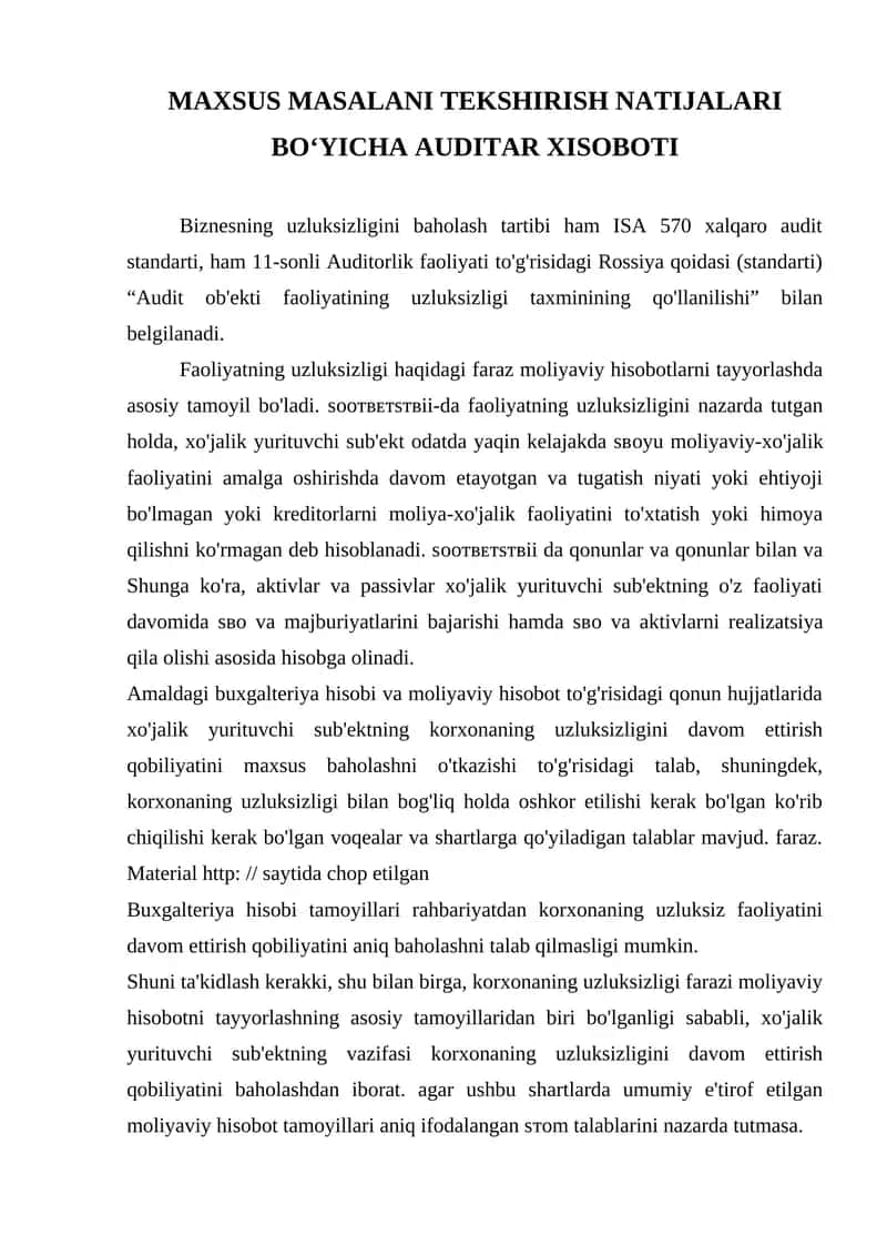 MAXSUS MASALANI TEKSHIRISH NATIJALARI BOʻYICHA AUDITAR XISOBOTI