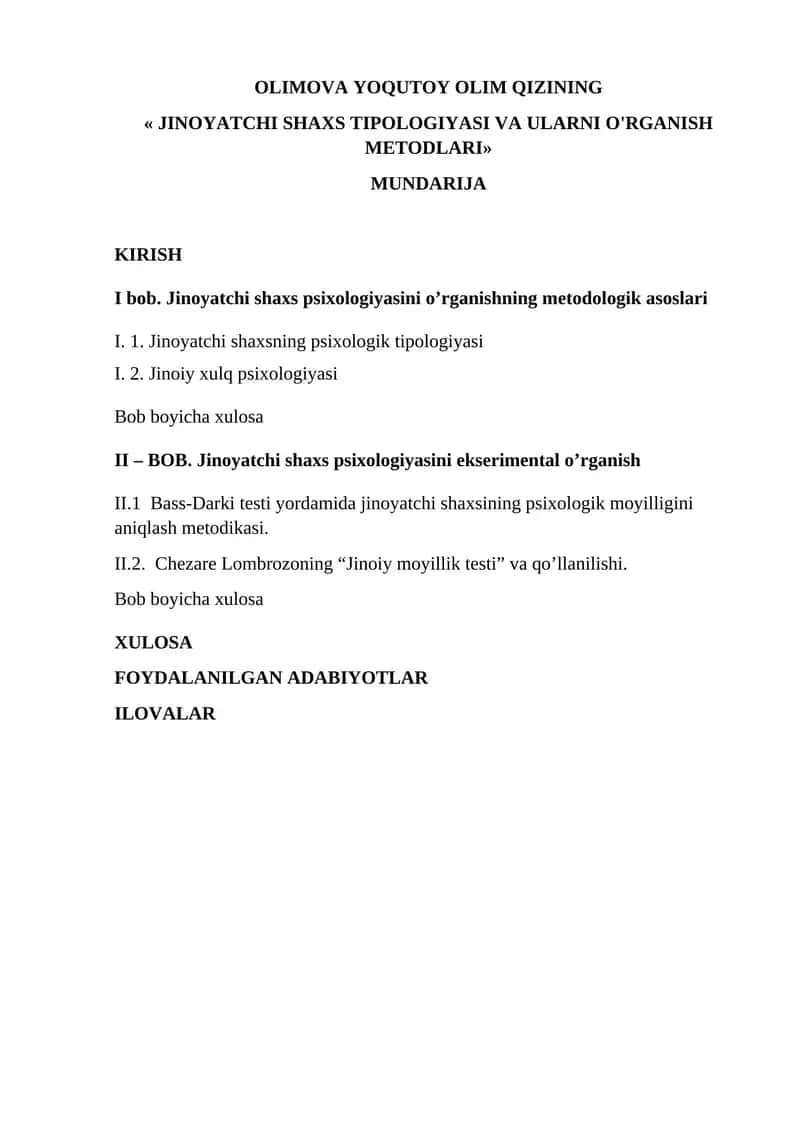 JINOYATCHI SHAXS TIPOLOGIYASI VA ULARNI O'RGANISH METODLARI