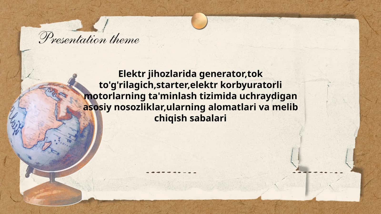 Elektr jihozlarida generator,tok to'g'rilagich,starter,elektr korbyuratorli motorlarning ta'minlash tizimida uchraydigan asosiy nosozliklar,ularning alomatlari va melib chiqish sabalari