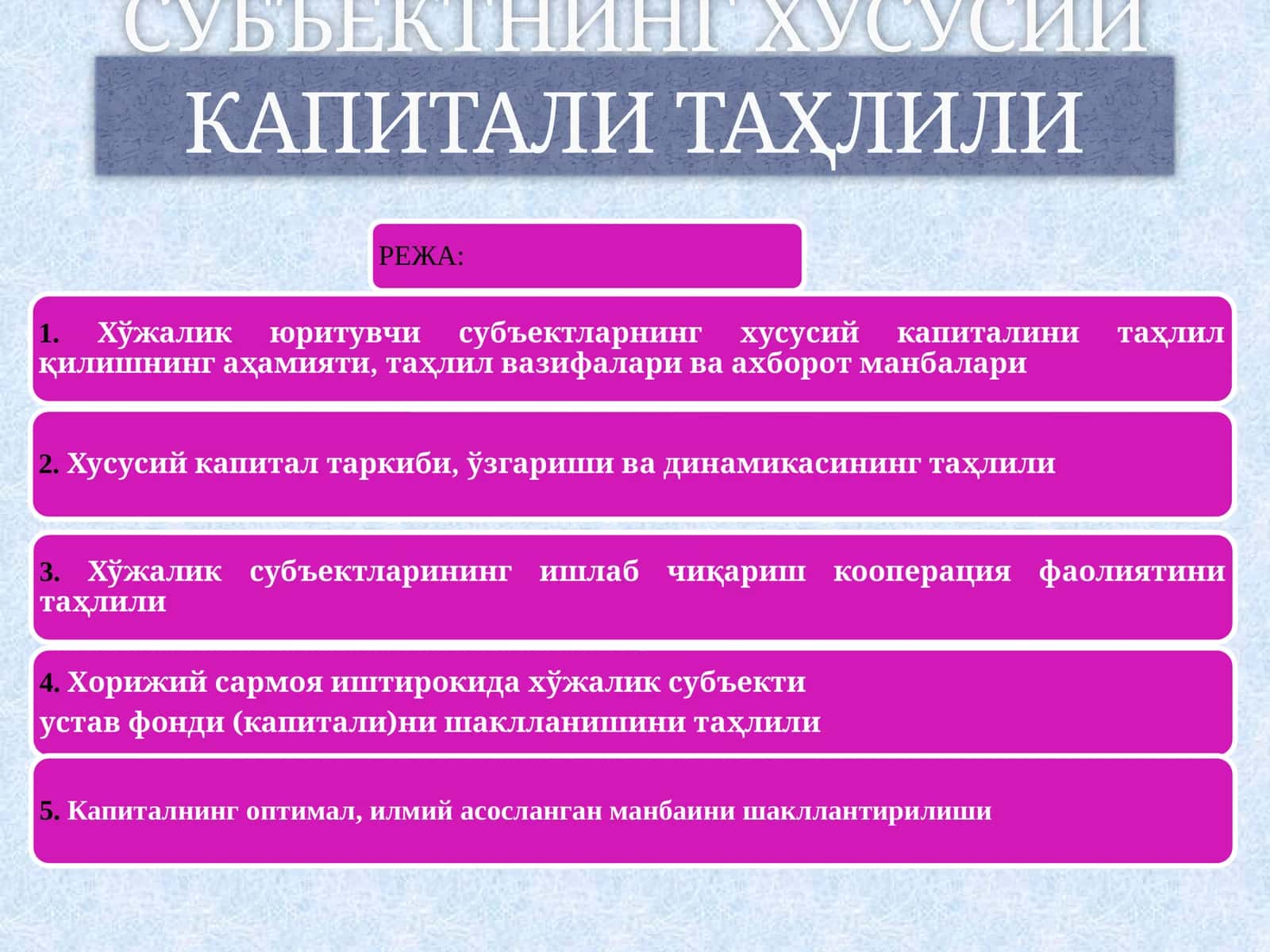 ХЎжалик юритувчи субъектнинг хусусий капитали таҳлили
