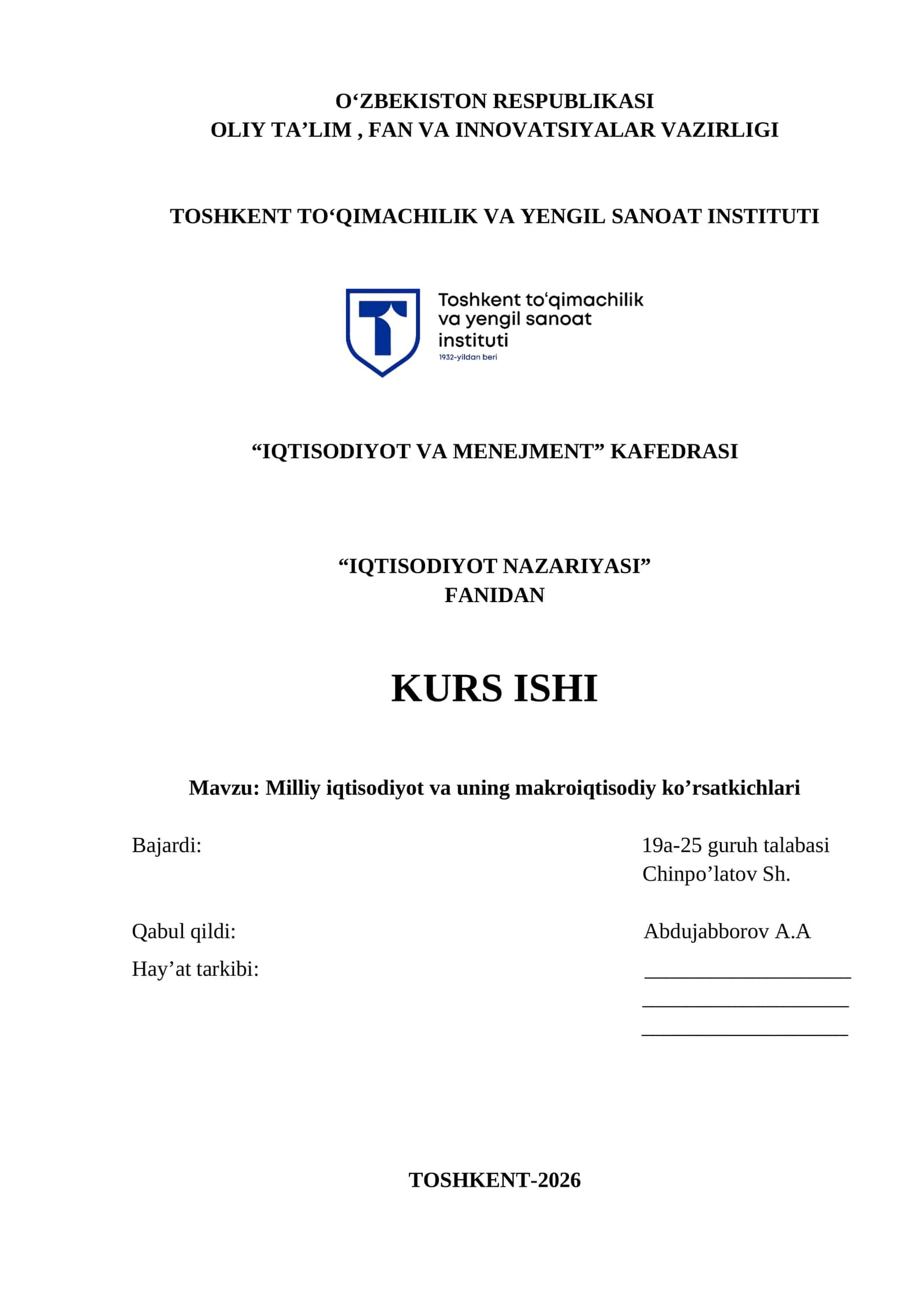 Milliy iqtisodiyot va uning makroiqtisodiy ko’rsatkichlari mavzusi bo'yicha kurs ishi