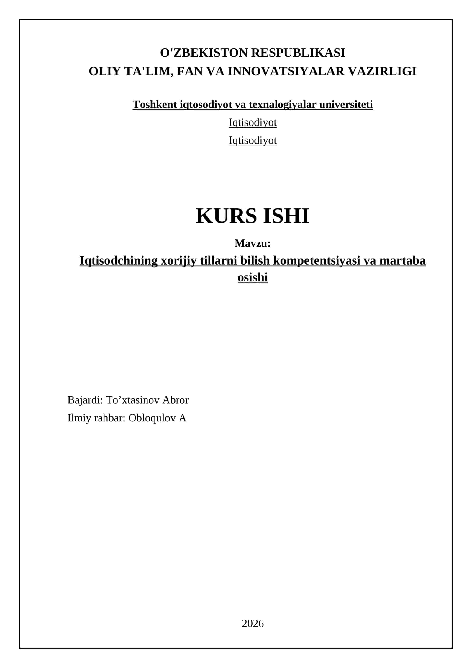 Iqtisodchining xorijiy tillarni bilish kompetentsiyasi va martaba osishi