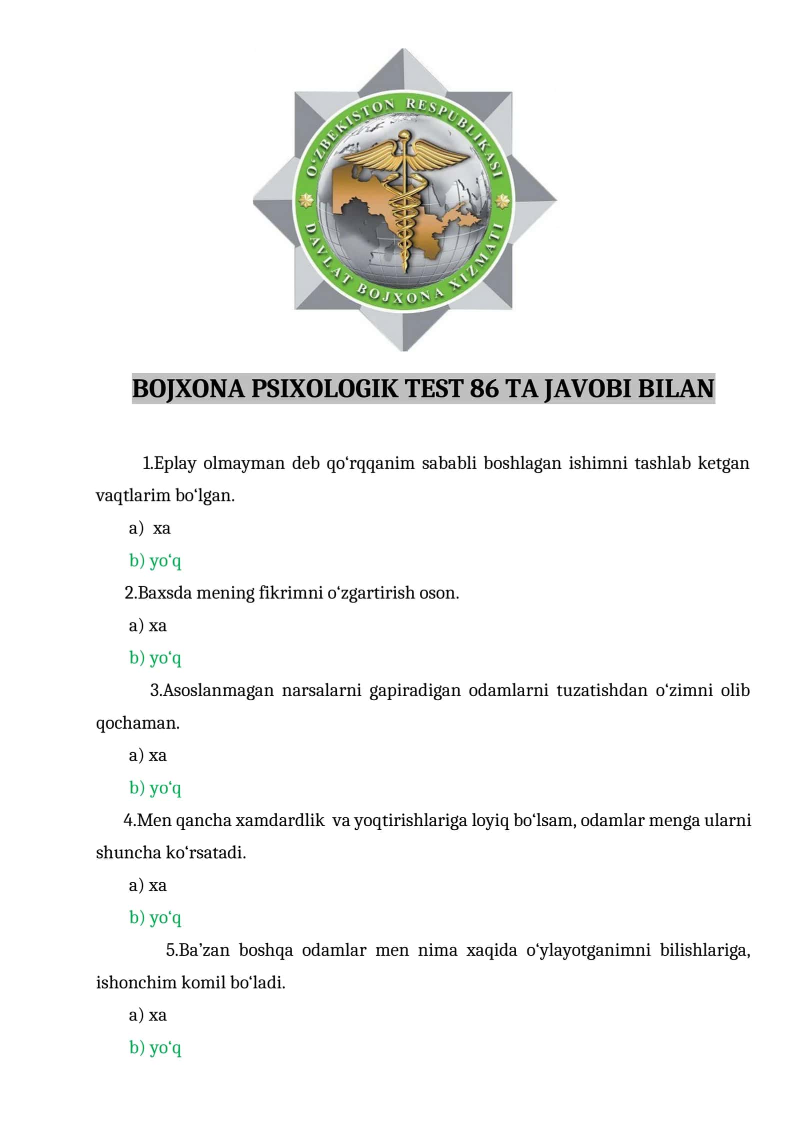 BOJXONA PSIXOLOGIK TEST 86 TA JAVOBI BILAN