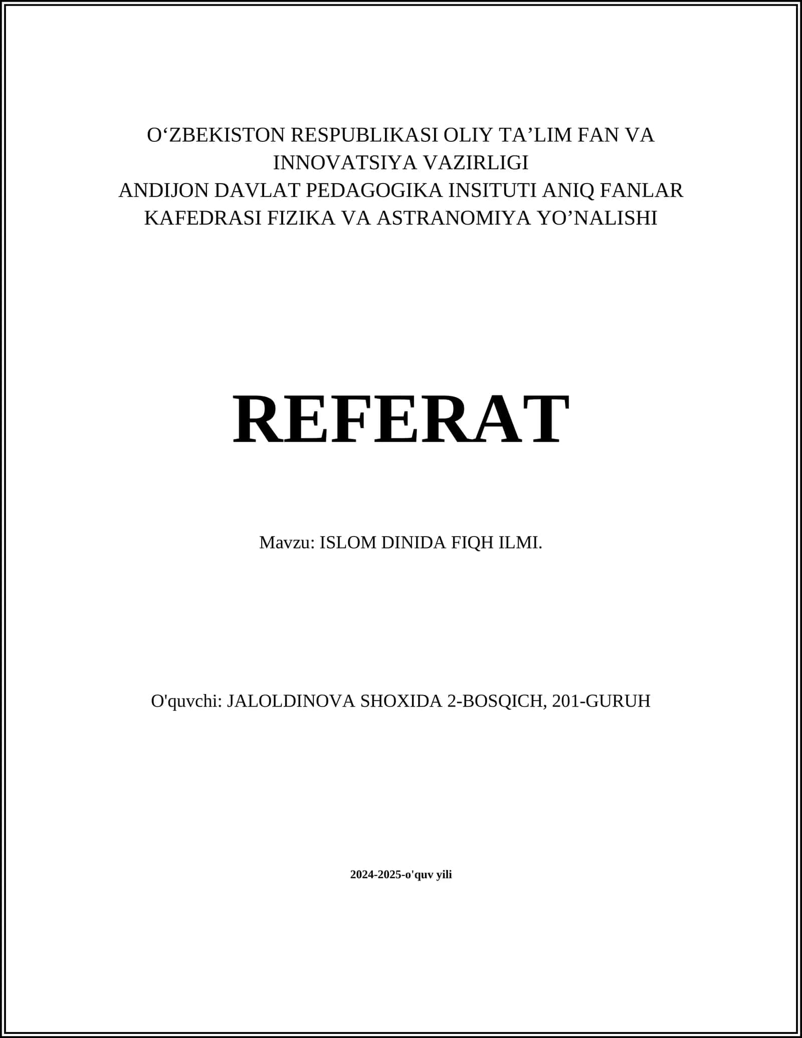 REFERAT Mavzu: ISLOM DINIDA FIQH ILMI