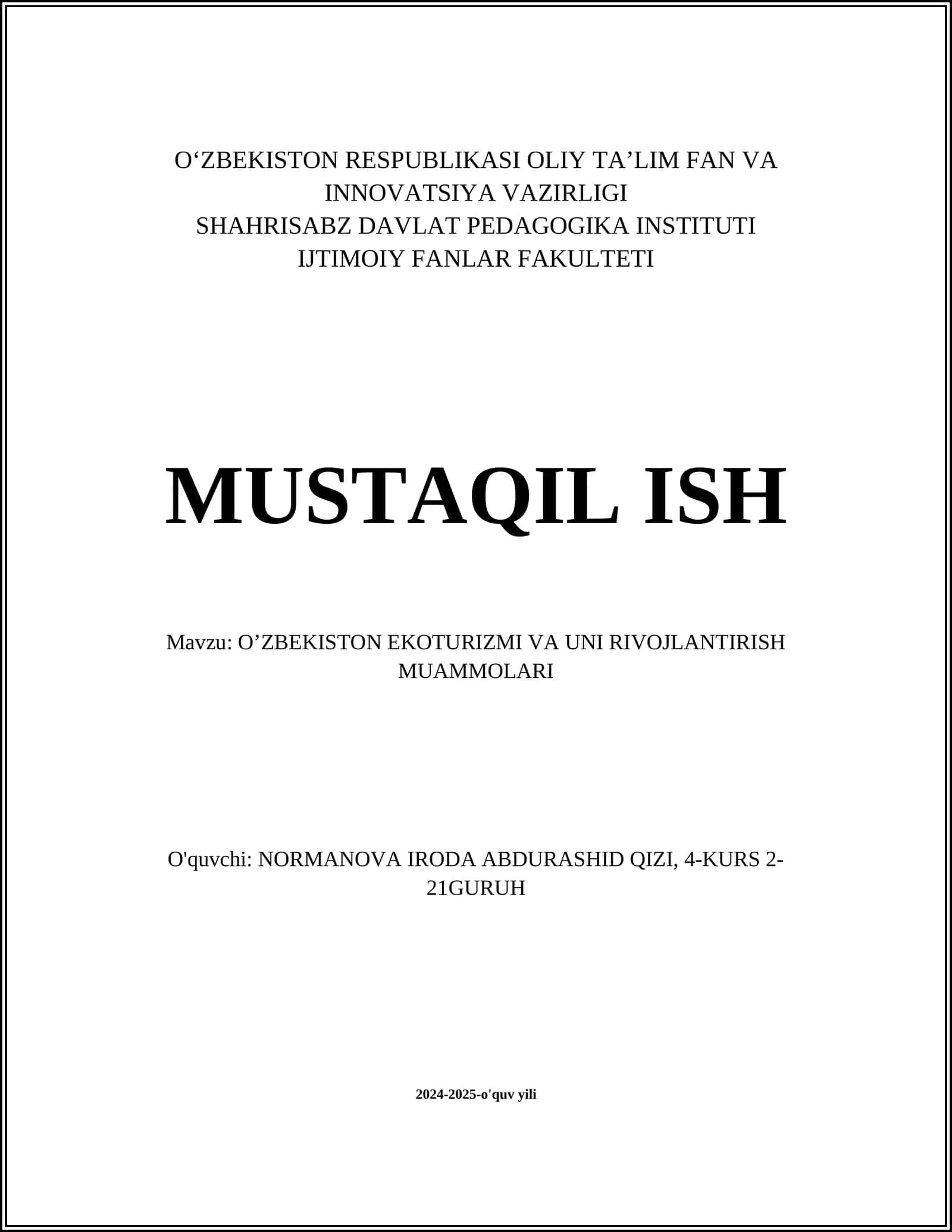 O’ZBEKISTON EKOTURIZMI VA UNI RIVOJLANTIRISH MUAMMOLARI