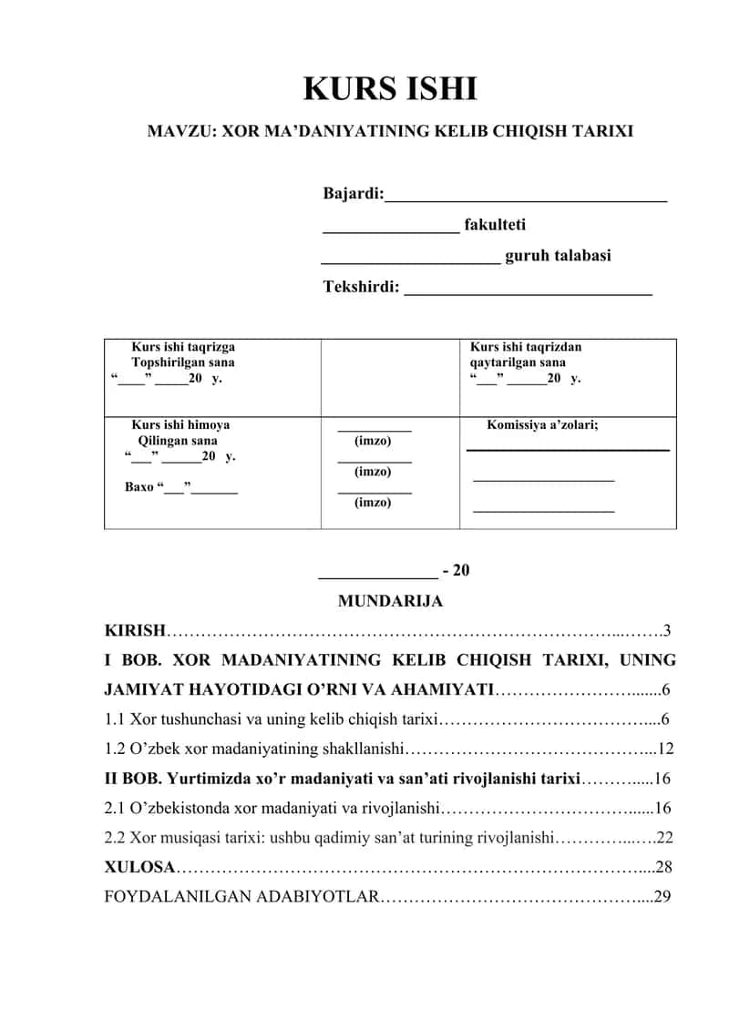 Kurs Ishi "Xor Ma'daniyatining Kelib Chiqish Tarixi"