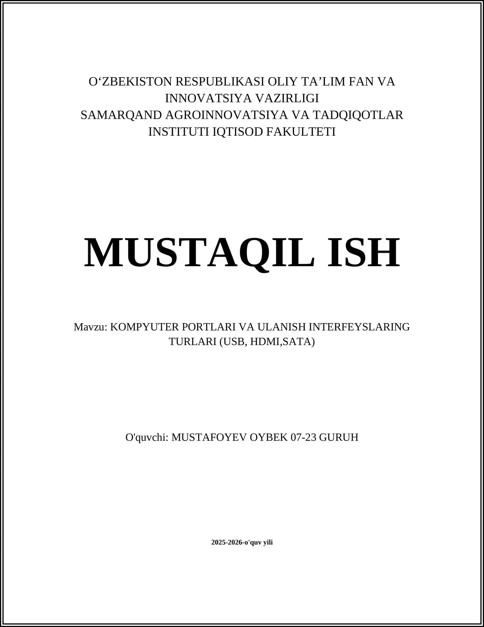 KOMPYUTER PORTLARI VA ULANISH INTERFEYSLARING TURLARI (USB, HDMI,SATA)