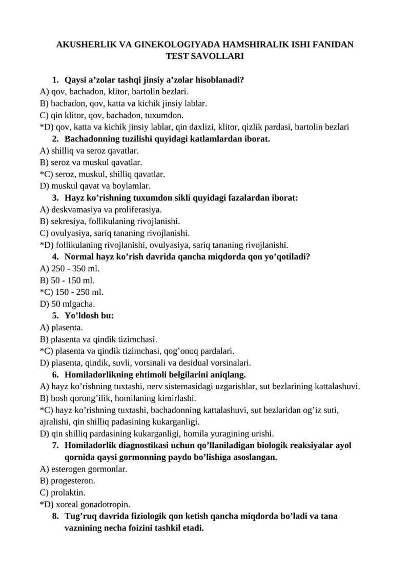 AKUSHERLIK VA GINEKOLOGIYADA HAMSHIRALIK ISHI FANIDAN TEST SAVOLLARI