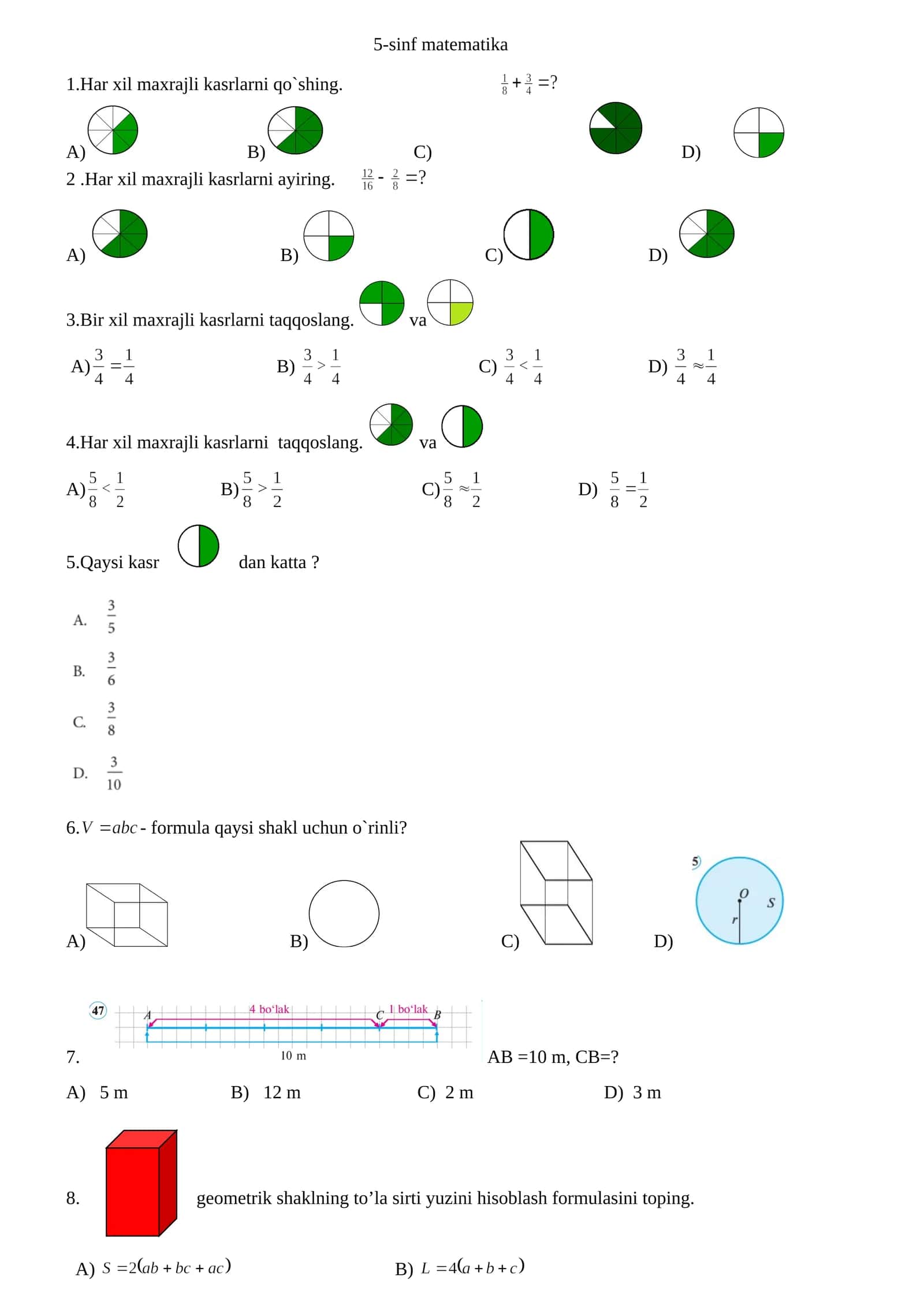 5-sinf matematika test