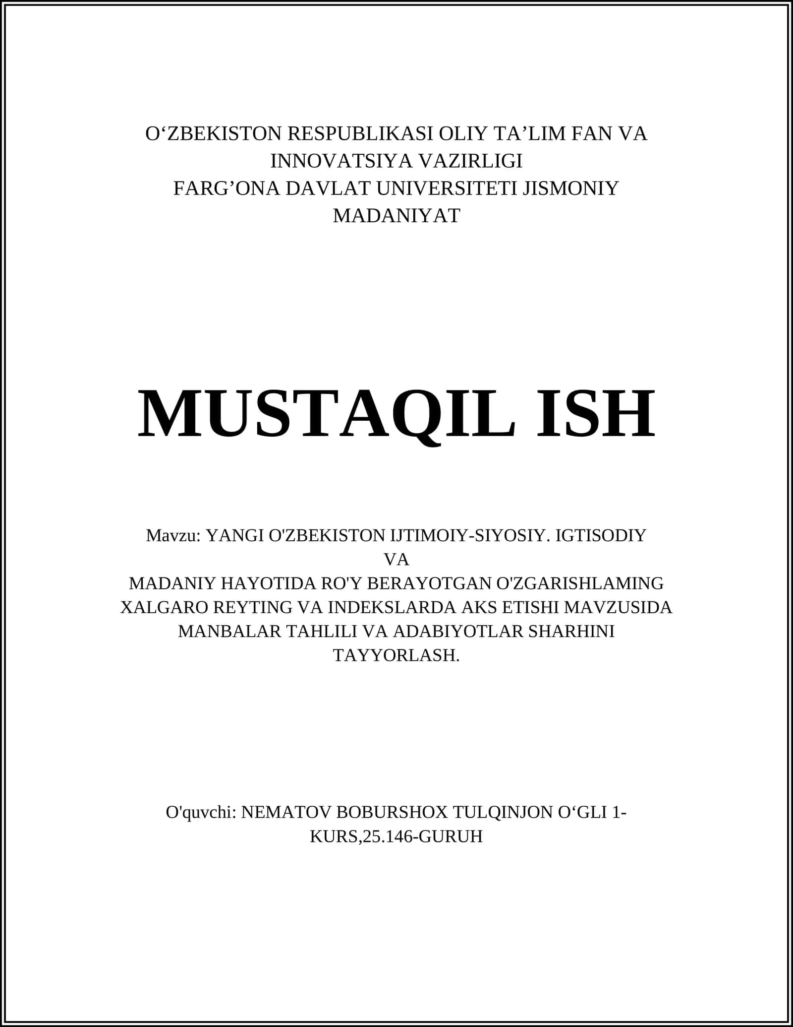 YANGI O'ZBEKISTON IJTIMOIY-SIYOSIY. IGTISODIY