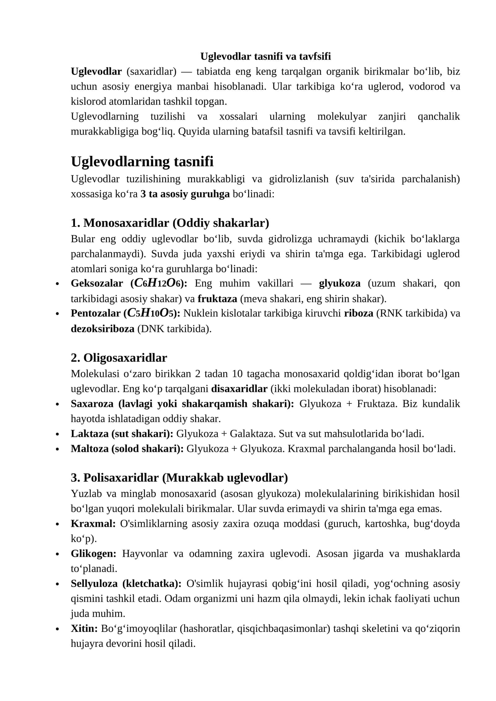 Uglevodlar tasnifi va tavfsifi
