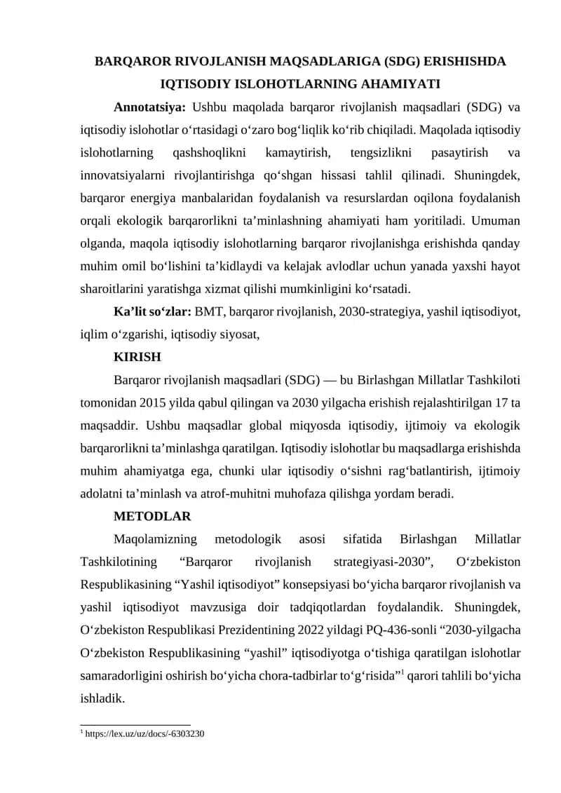 Barqaror Rivojlanish Maqsadlari (SDG) Erishishda Iqtisodiy Islohotlarning Ahamiyati