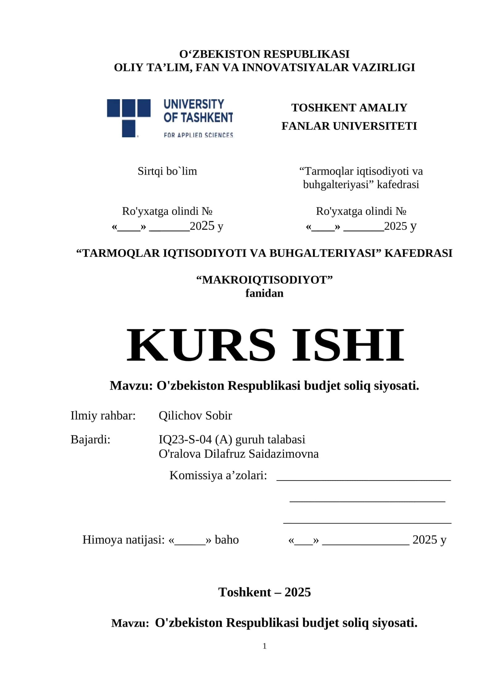 O'zbekiston Respublikasi budjet soliq siyosati