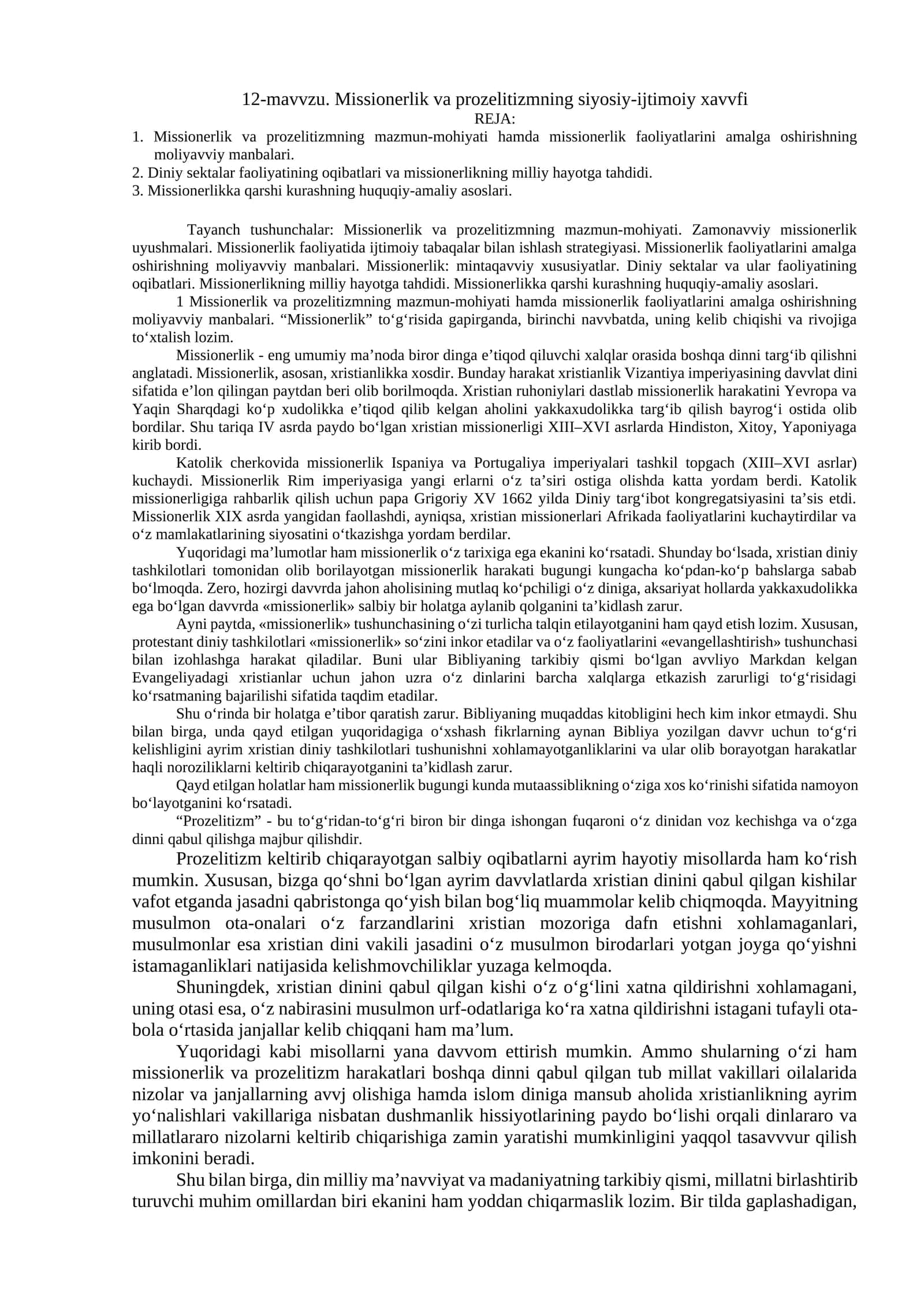 12-mavvzu. Missionerlik va prozelitizmning siyosiy-ijtimoiy xavvfi