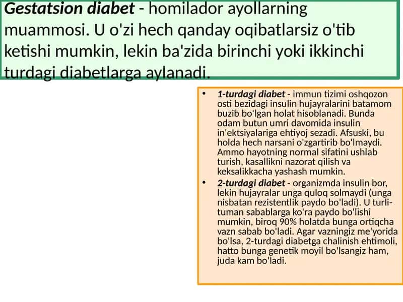 Gestatsion diabet- homilador ayollarning muammosi