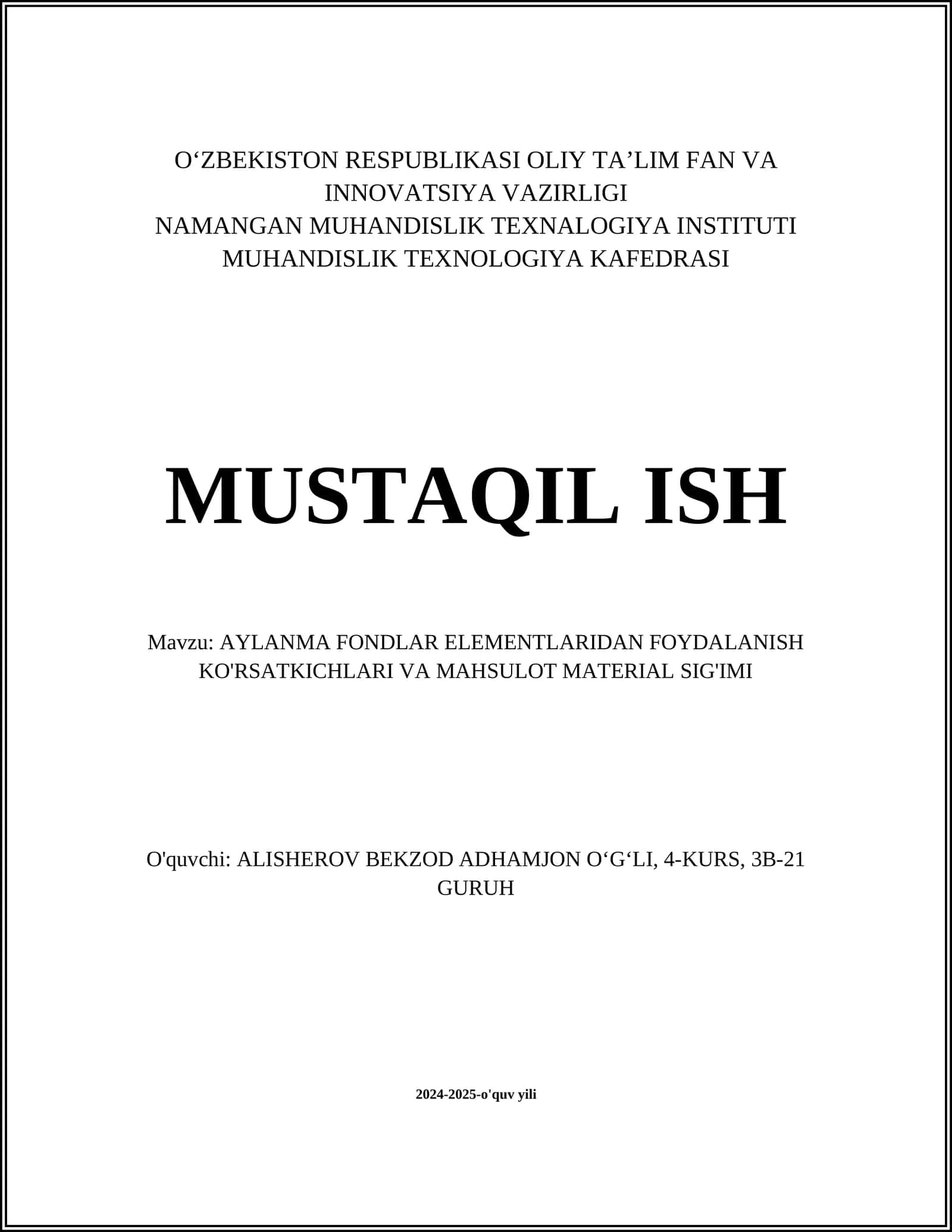 AYLANMA FONDLAR ELEMENTLARIDAN FOYDALANISH KO'RSATKICHLARI VA MAHSULOT MATERIAL SIG'IMI