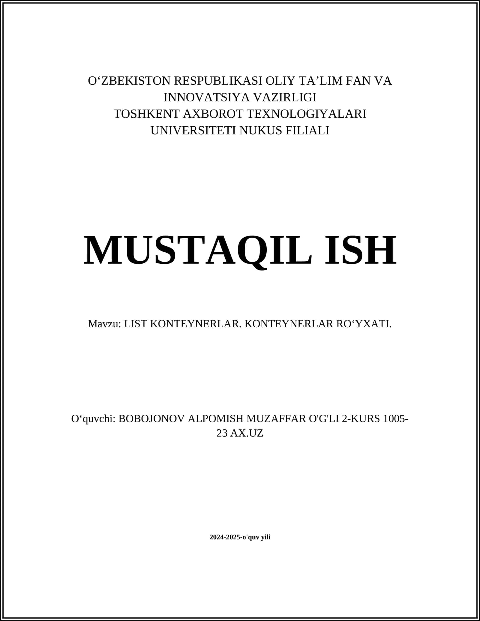 LIST KONTEYNERLAR. KONTEYNERLAR RO‘YXATI