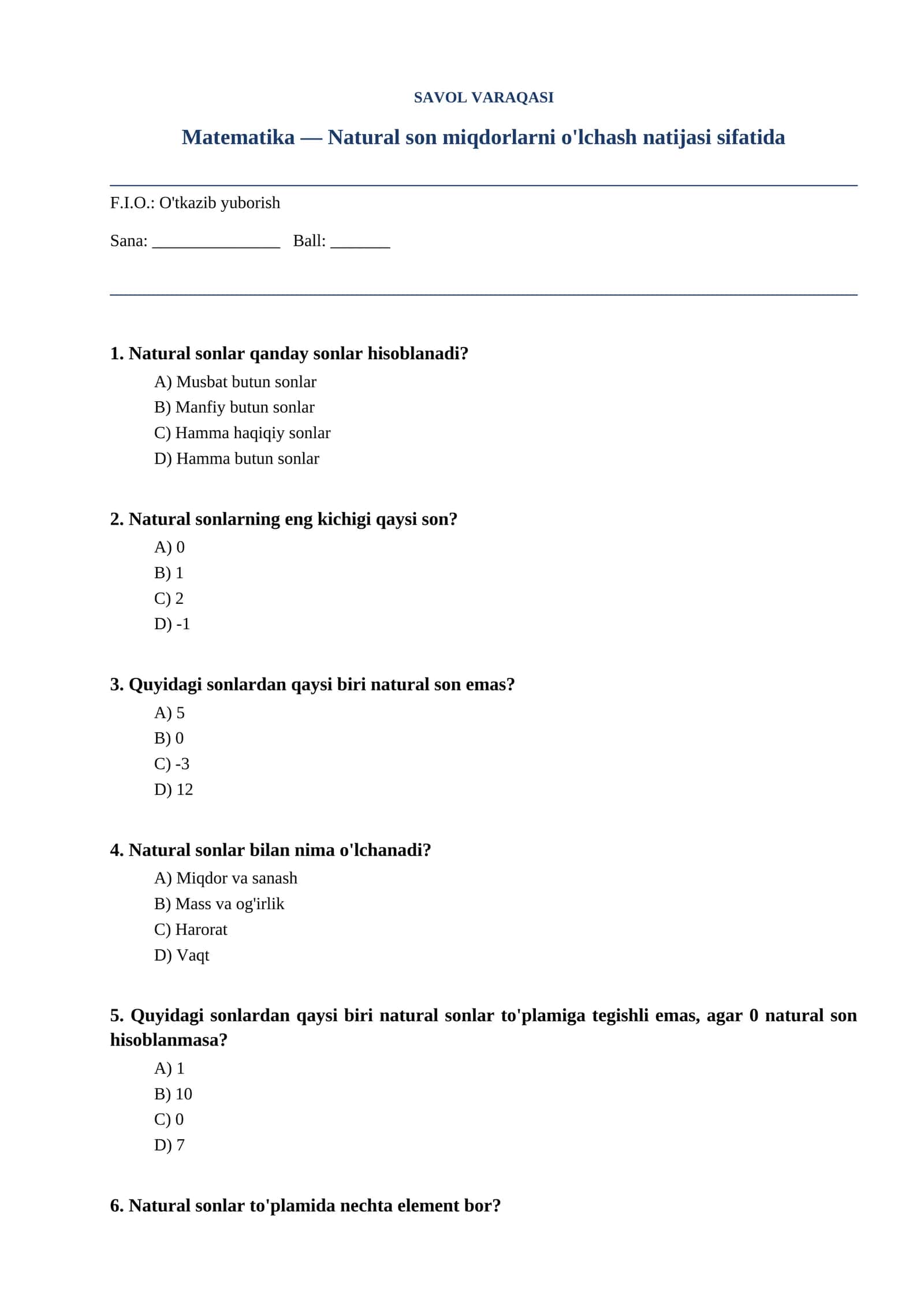 Matematika — Natural son miqdorlarni o'lchash natijasi sifatida