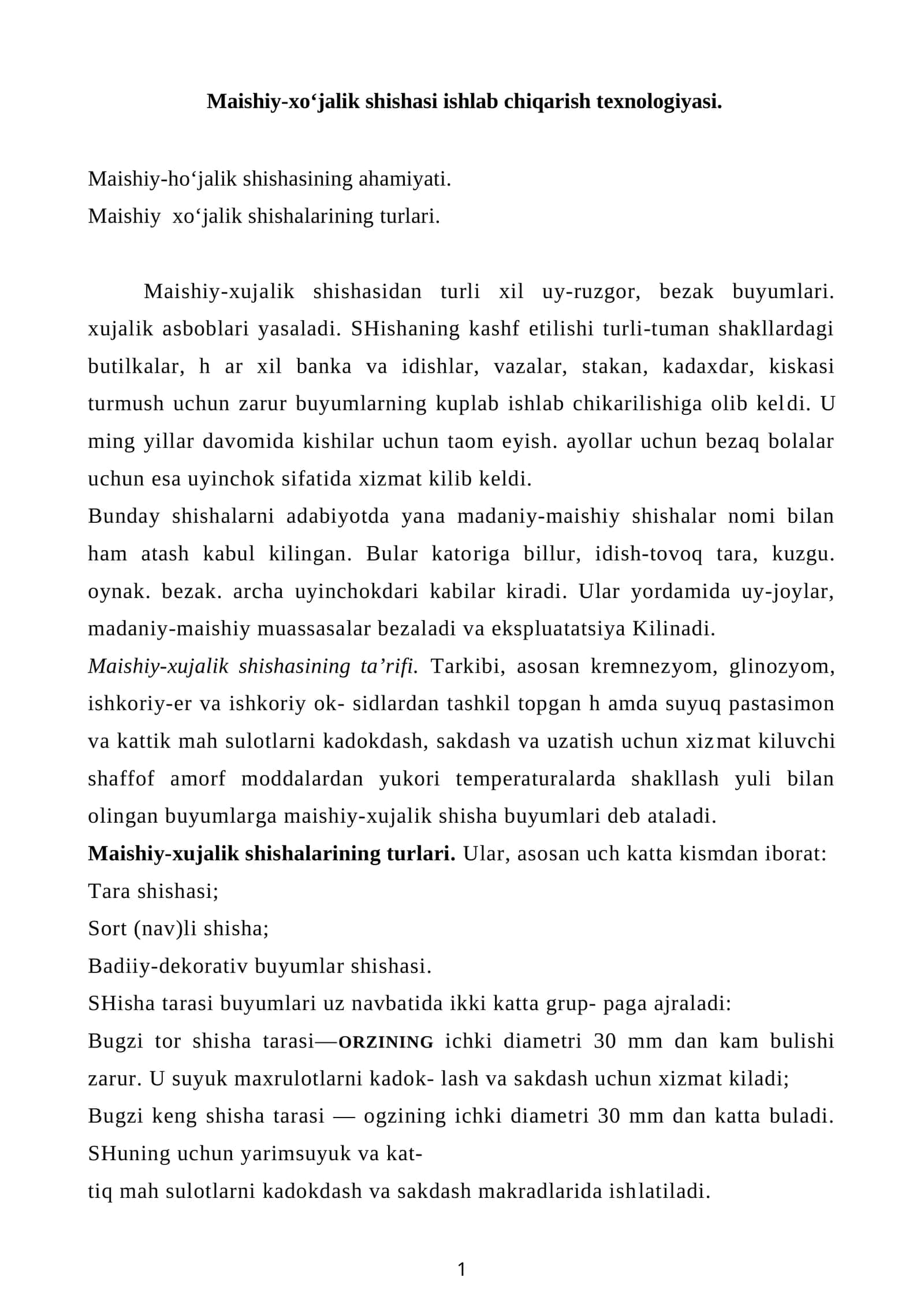 Maishiy-xo‘jalik shishasi ishlab chiqarish texnologiyasi