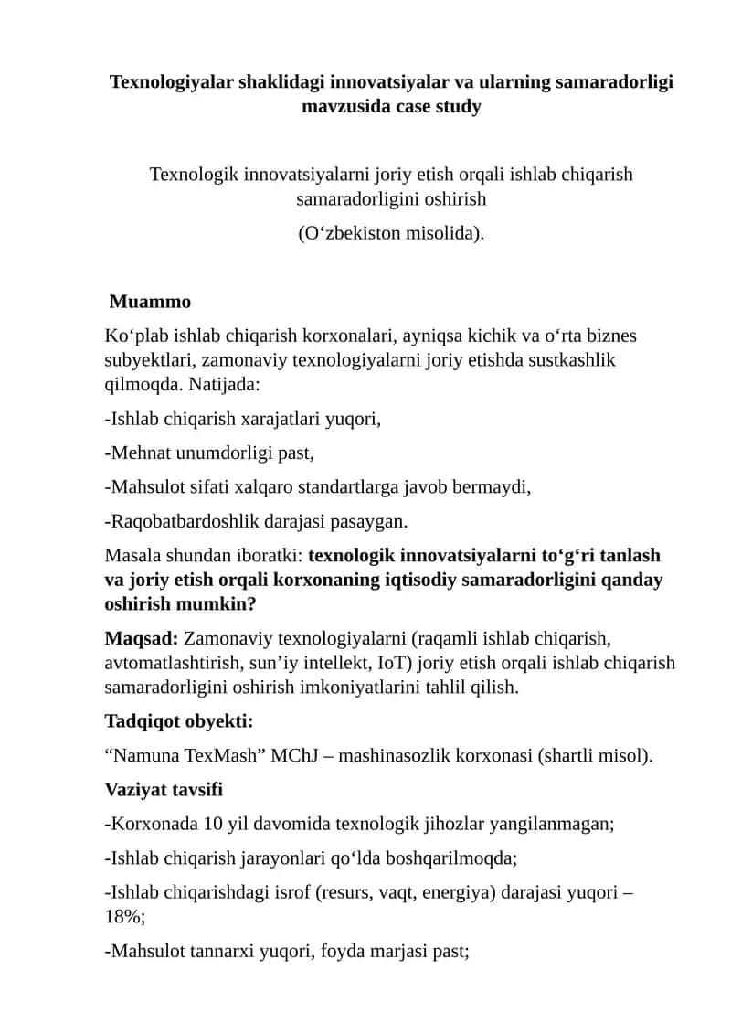 case study Texnologiyalar shaklidagi innovatsiyalar va ularning samaradorligi