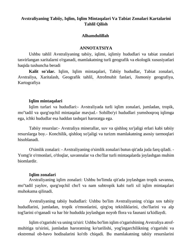 Avstraliyaning Tabiiy, Iqlim, Iqlim Mintaqalari Va Tabiat Zonalari Kartalarini Tahlil Qilish