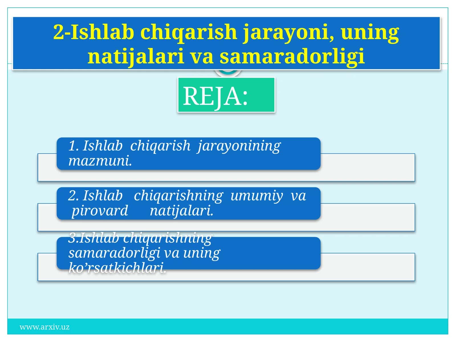 Ishlab chiqarish jarayoni, uning natijalari va samaradorligi