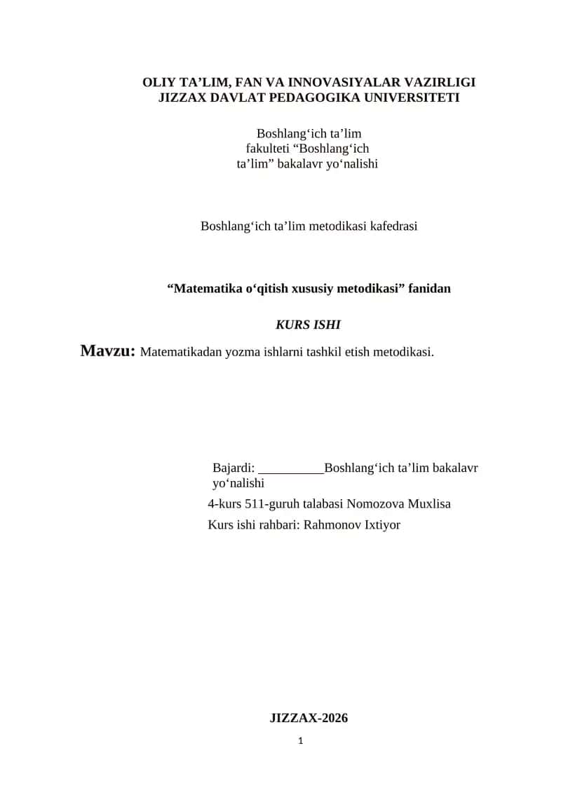 Matematikadan yozma ishlarni tashkil etish metodikasi