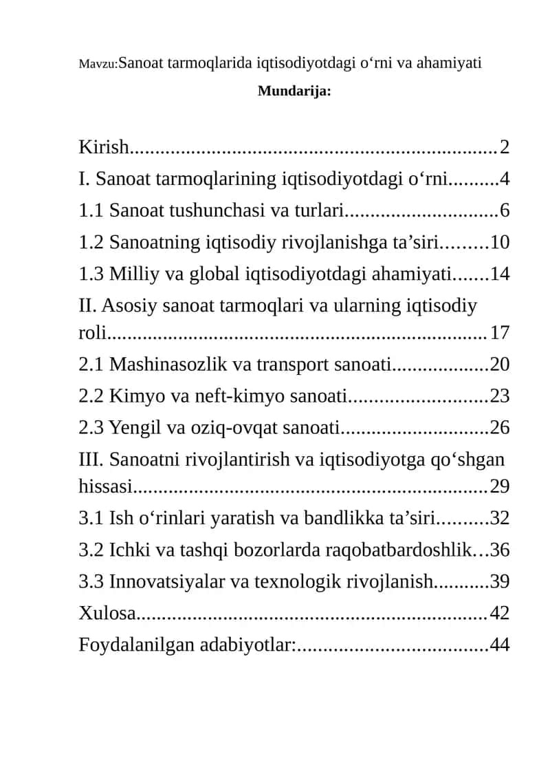 Sanoat tarmoqlarida iqtisodiyotdagi oʻrni va ahamiyati